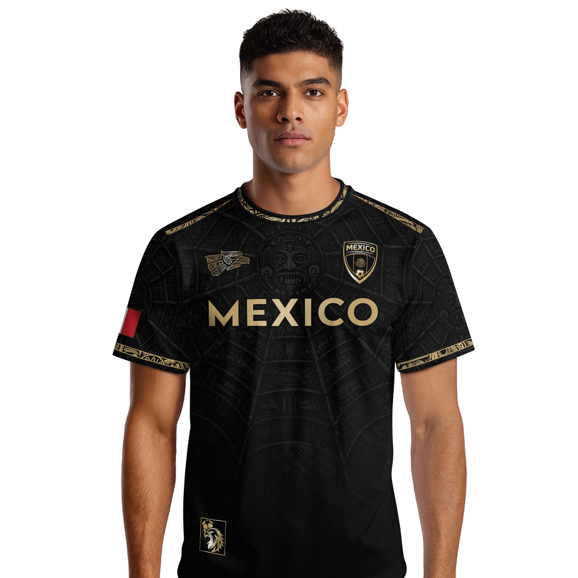 Camiseta de fútbol premium con emblema de águila azteca verde y dorado de México