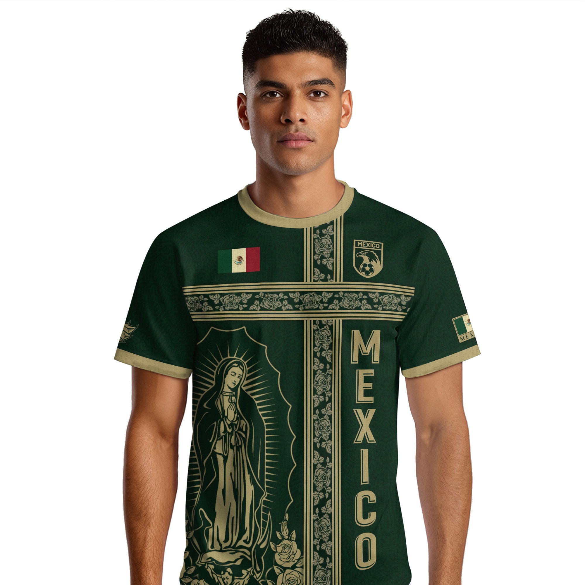 Mexico Soccer Jersey Green Gold Guadalupe Cross Design