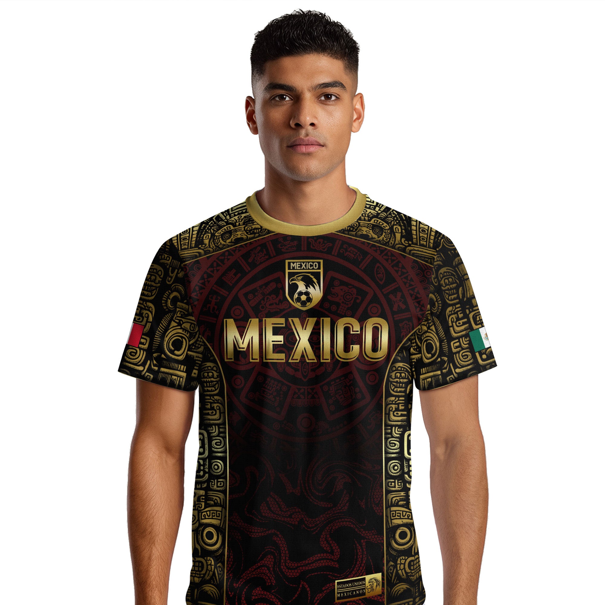 Mexico Soccer Jersey Black Red Gold Aztec Calendar Design