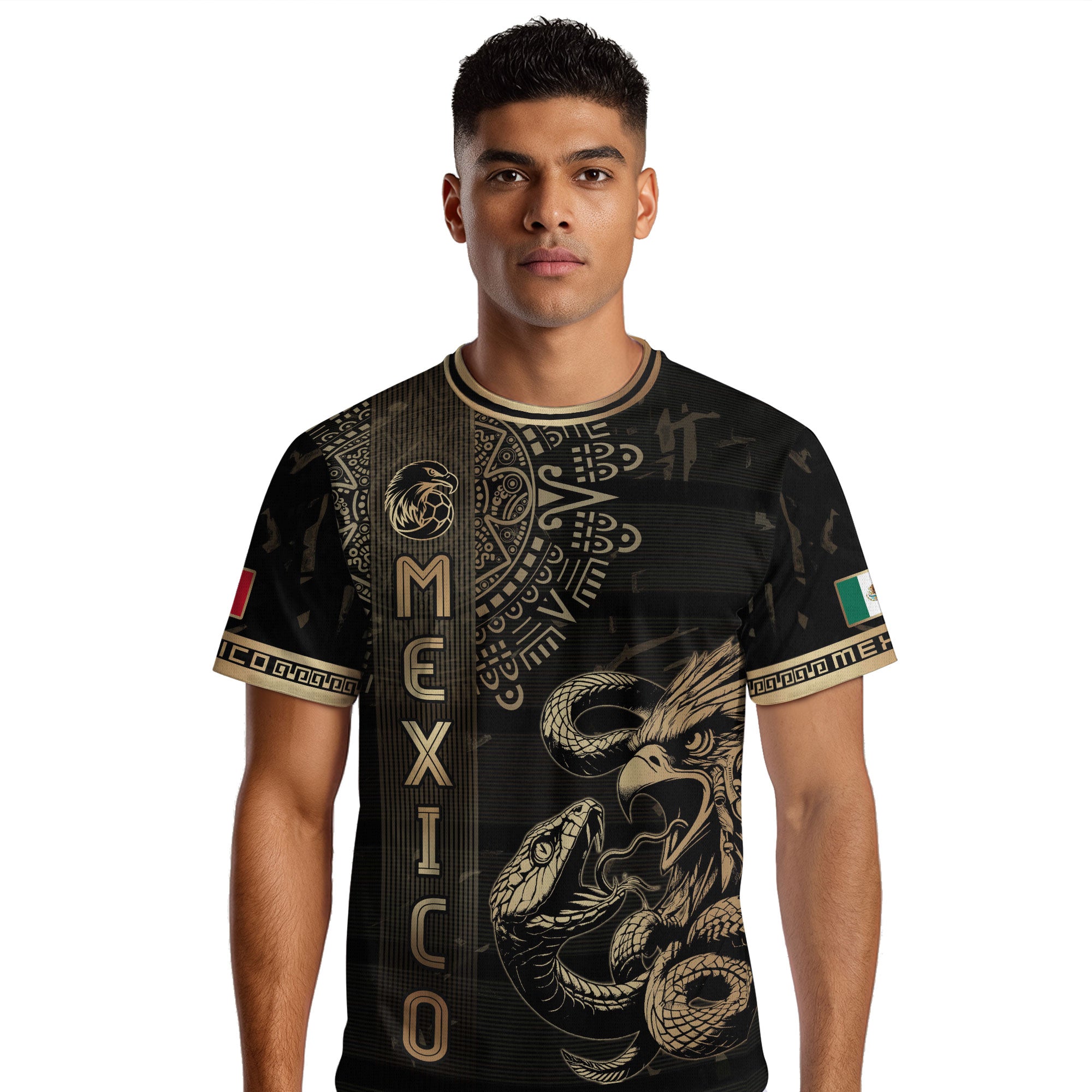 Mexico Soccer Jersey Black Gold Eagle Serpent Aztec Pattern