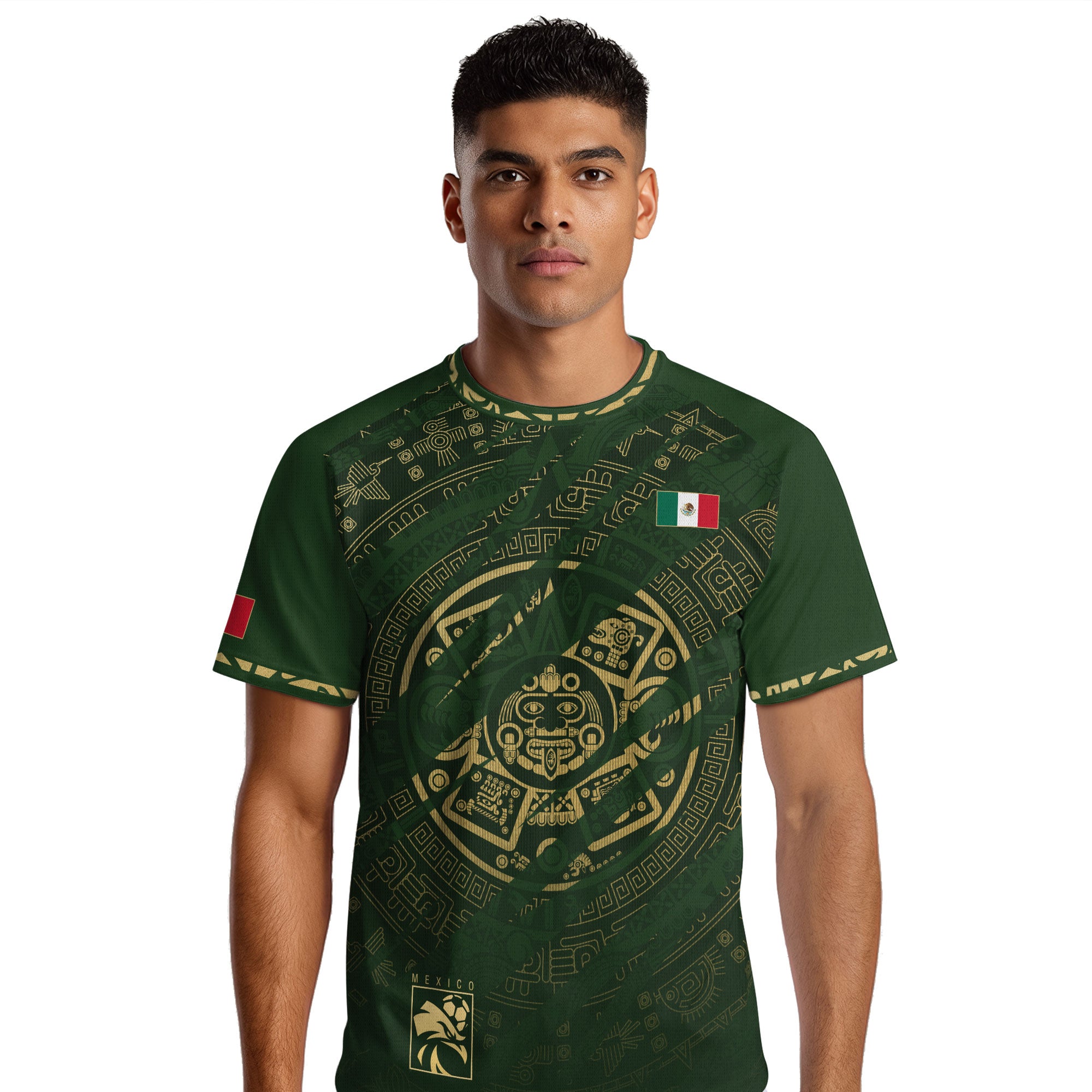 Mexico Green Gold Aztec Calendar National Pride Mens Football Soccer Jersey