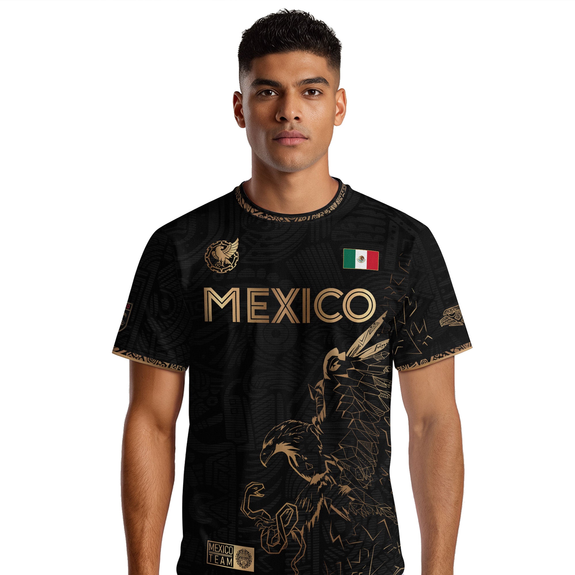Camiseta de fútbol premium con emblema de águila azteca verde y dorado de México