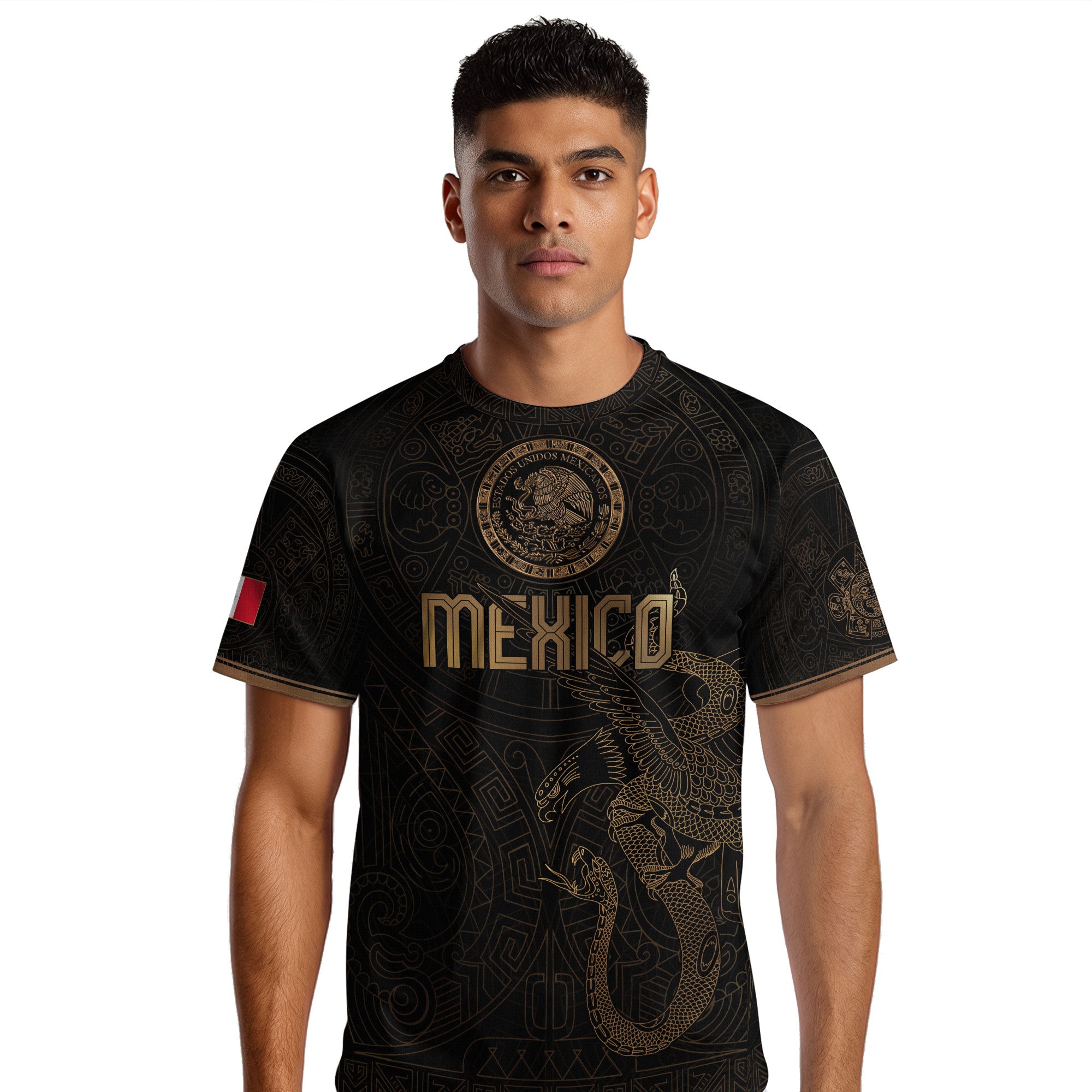 Camiseta de fútbol premium con emblema de águila azteca verde y dorado de México
