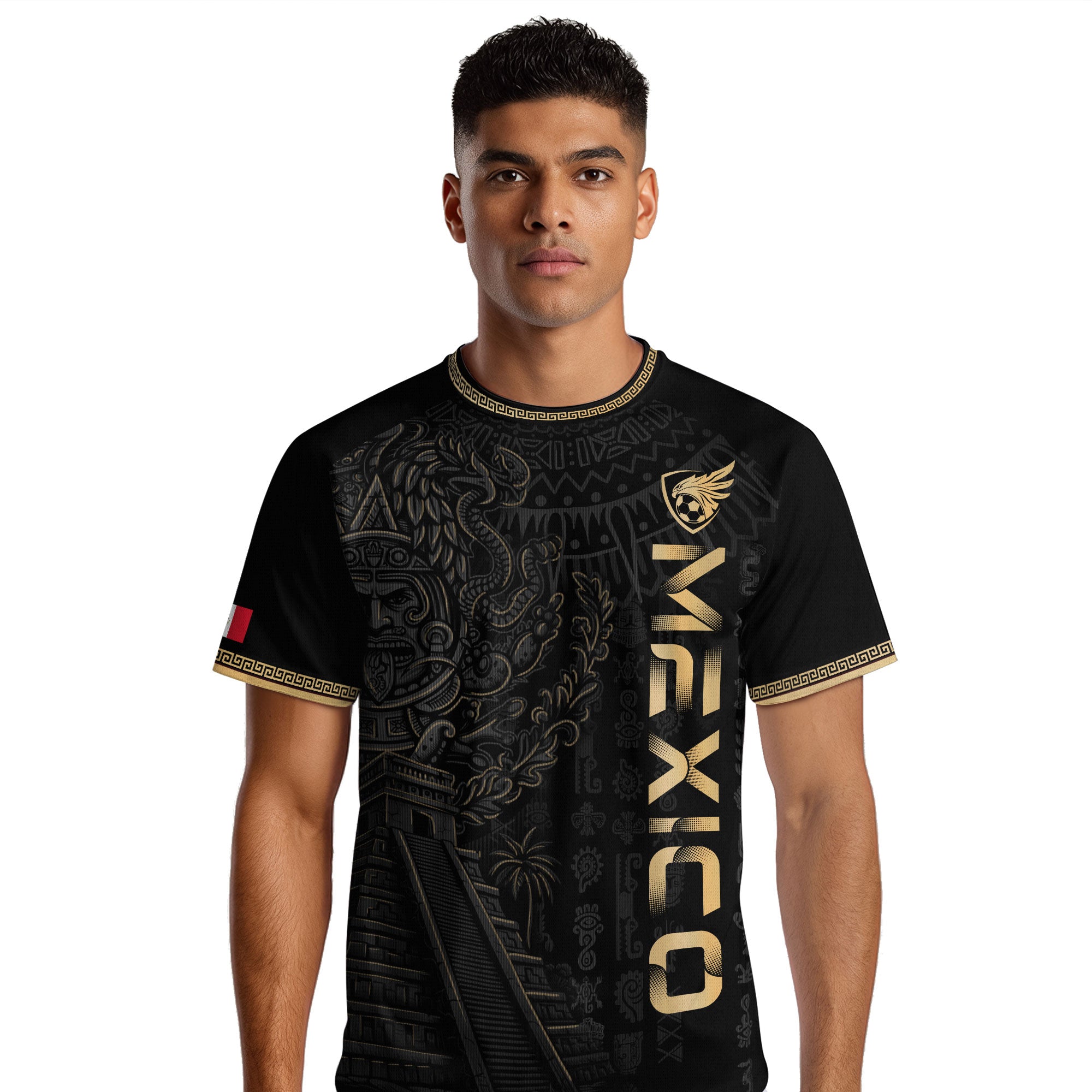 Mexico Black Gold Aztec Pyramid Heritage Mens Football Soccer Jersey