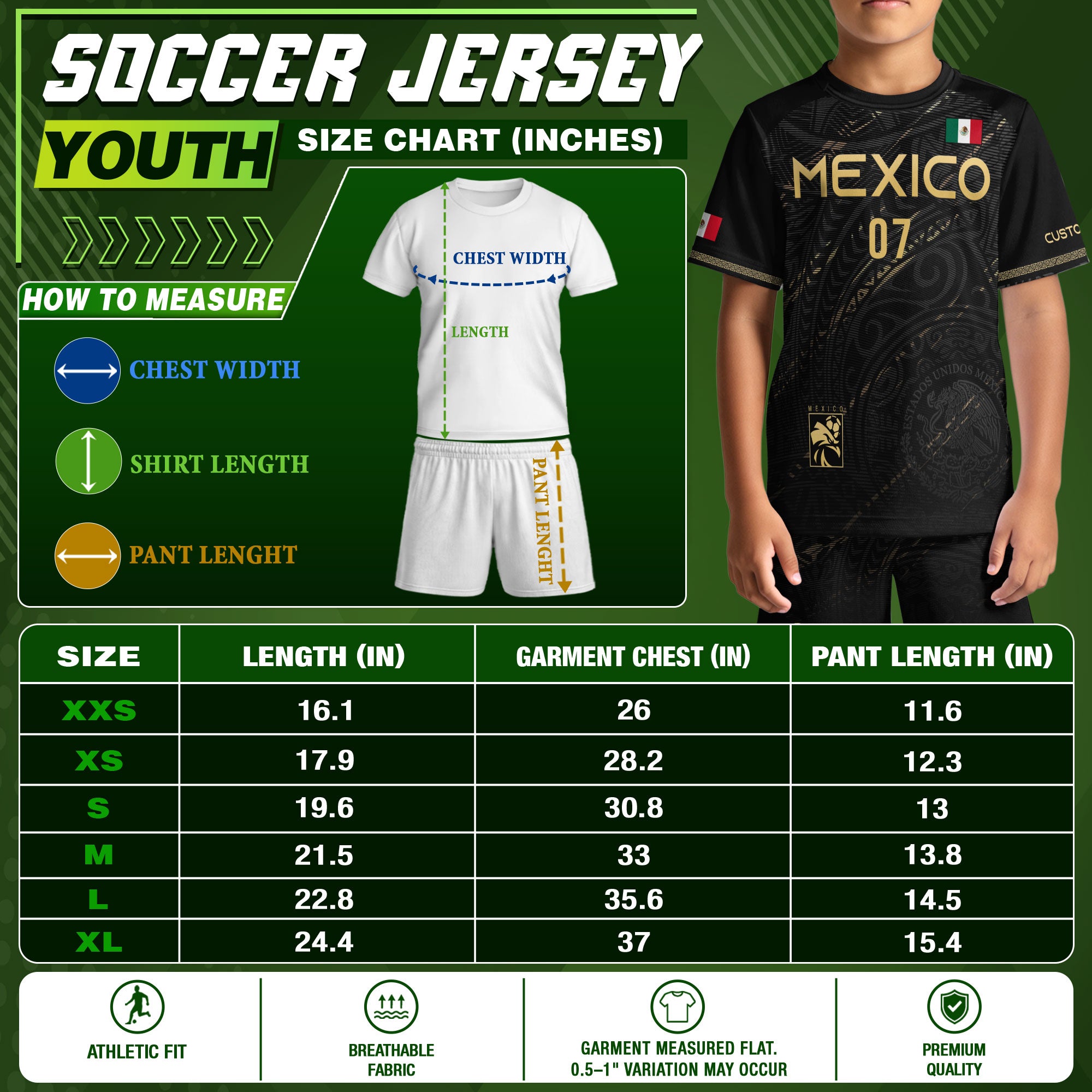 Custom Kids Mexico Soccer Jersey Black Gold Heritage Pattern Design