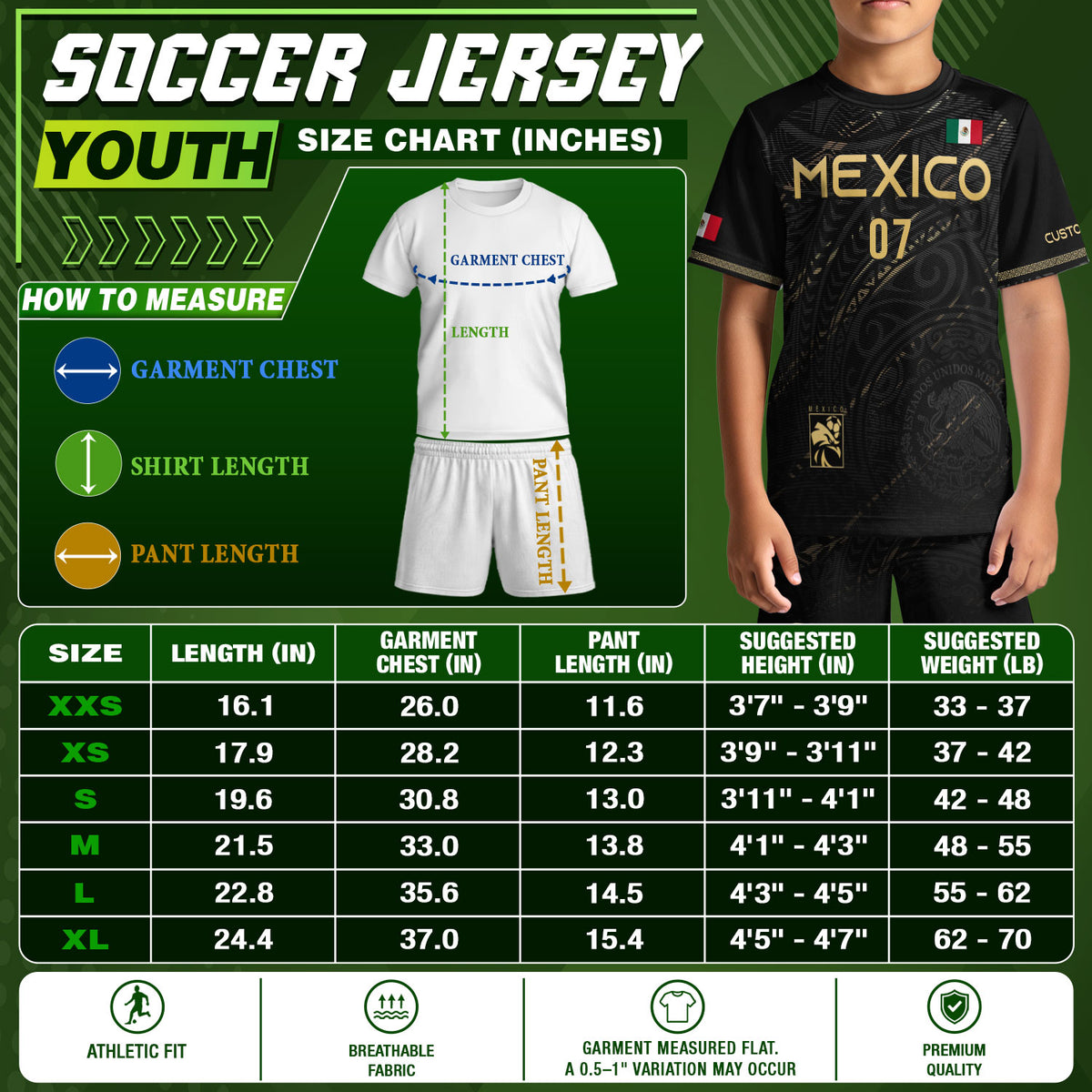 Camiseta de fútbol de México para niños personalizada, diseño con estampado Heritage en negro y dorado