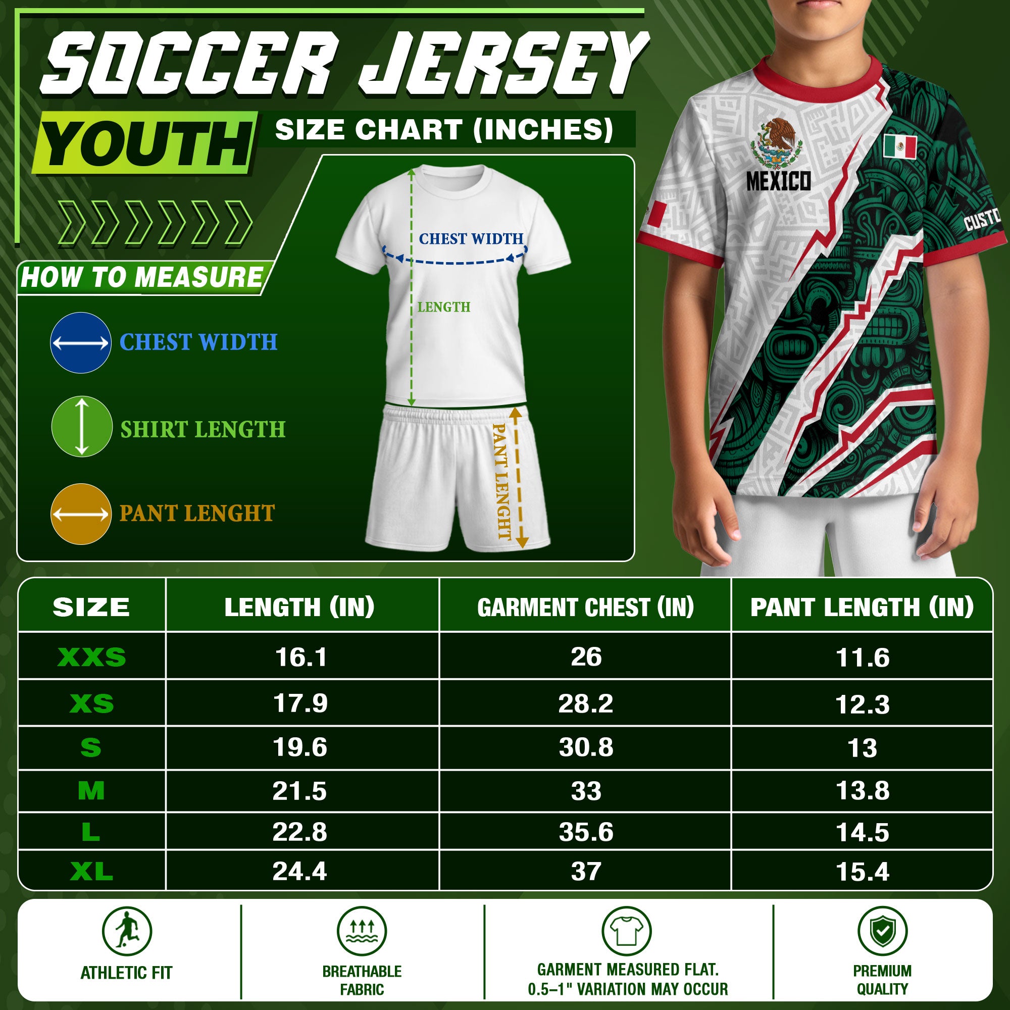 Camiseta de fútbol personalizada de México para niños, diseño azteca blanco y verde
