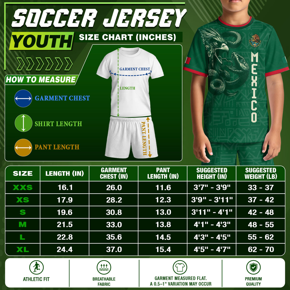 Camiseta de fútbol infantil de México con diseño de águila azteca verde y serpiente