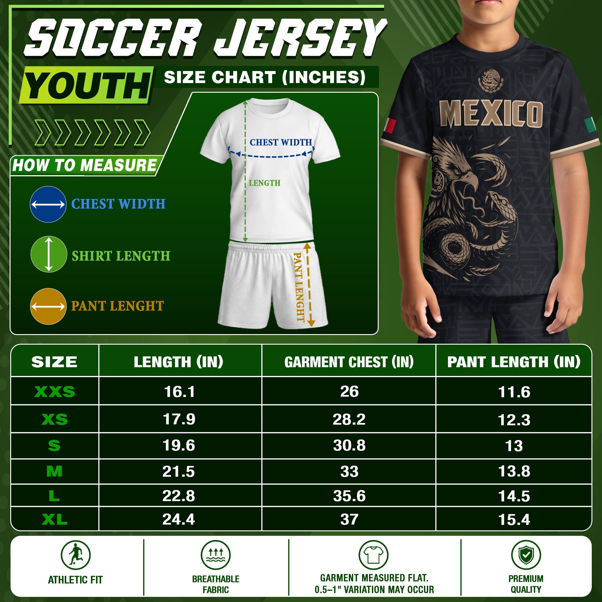 Mexico Kids Soccer Jersey Black Gold Aztec Eagle Serpent Design