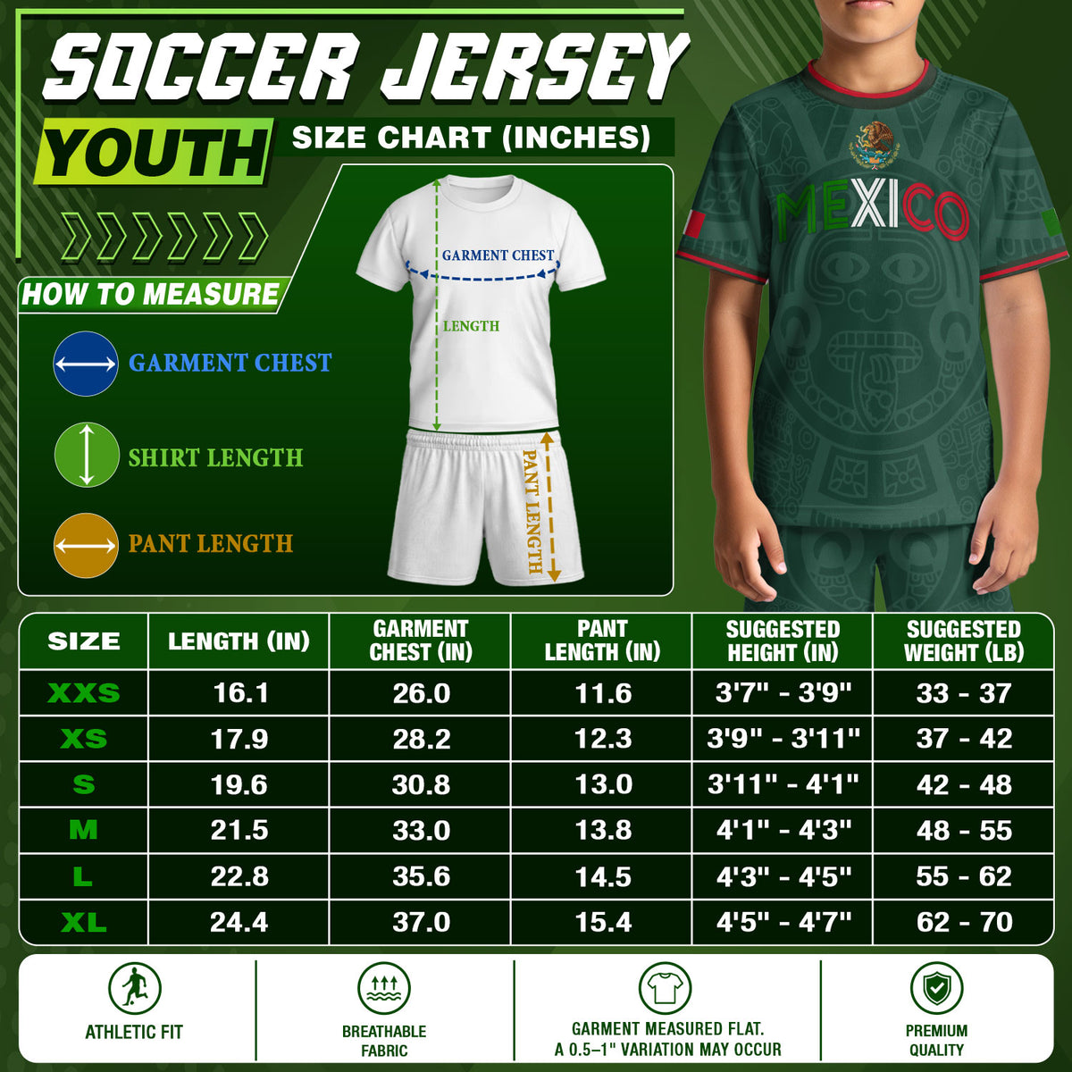 Camiseta de fútbol infantil de México con diseño de patrón azteca y colores de la bandera verde
