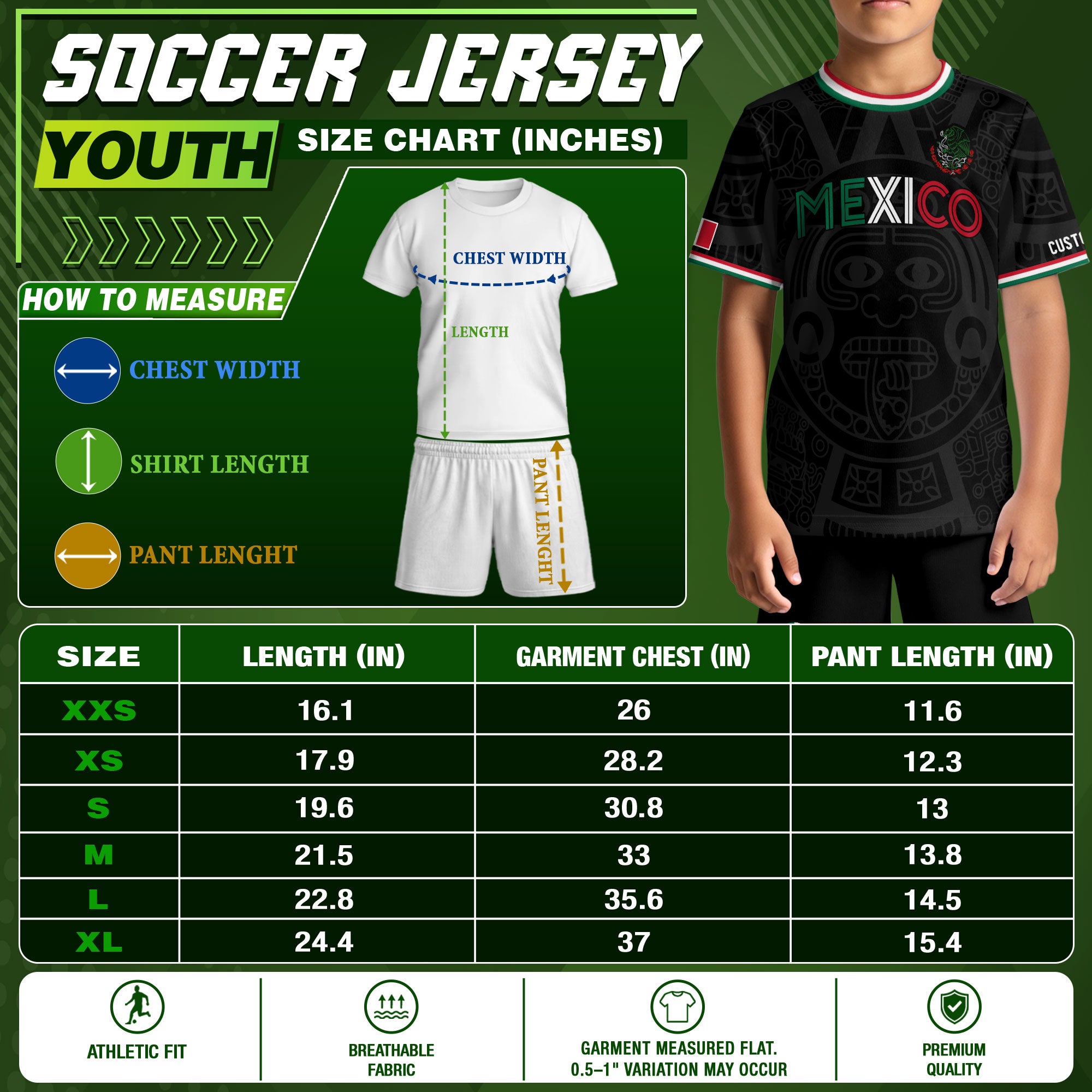 Camiseta de fútbol infantil personalizada de México con estampado Heritage en negro