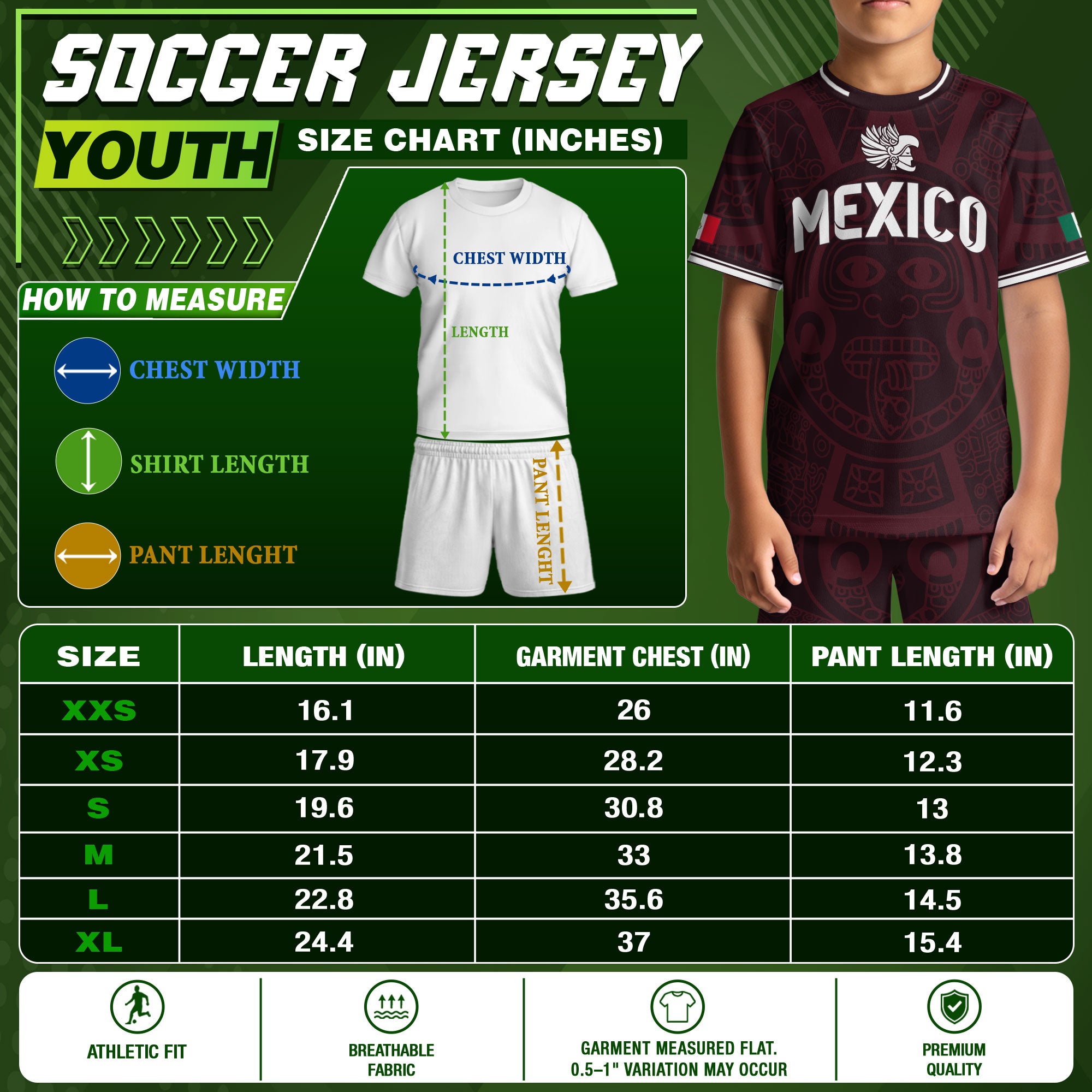 Camiseta de fútbol infantil de México con diseño de escudo con patrón azteca color burdeos