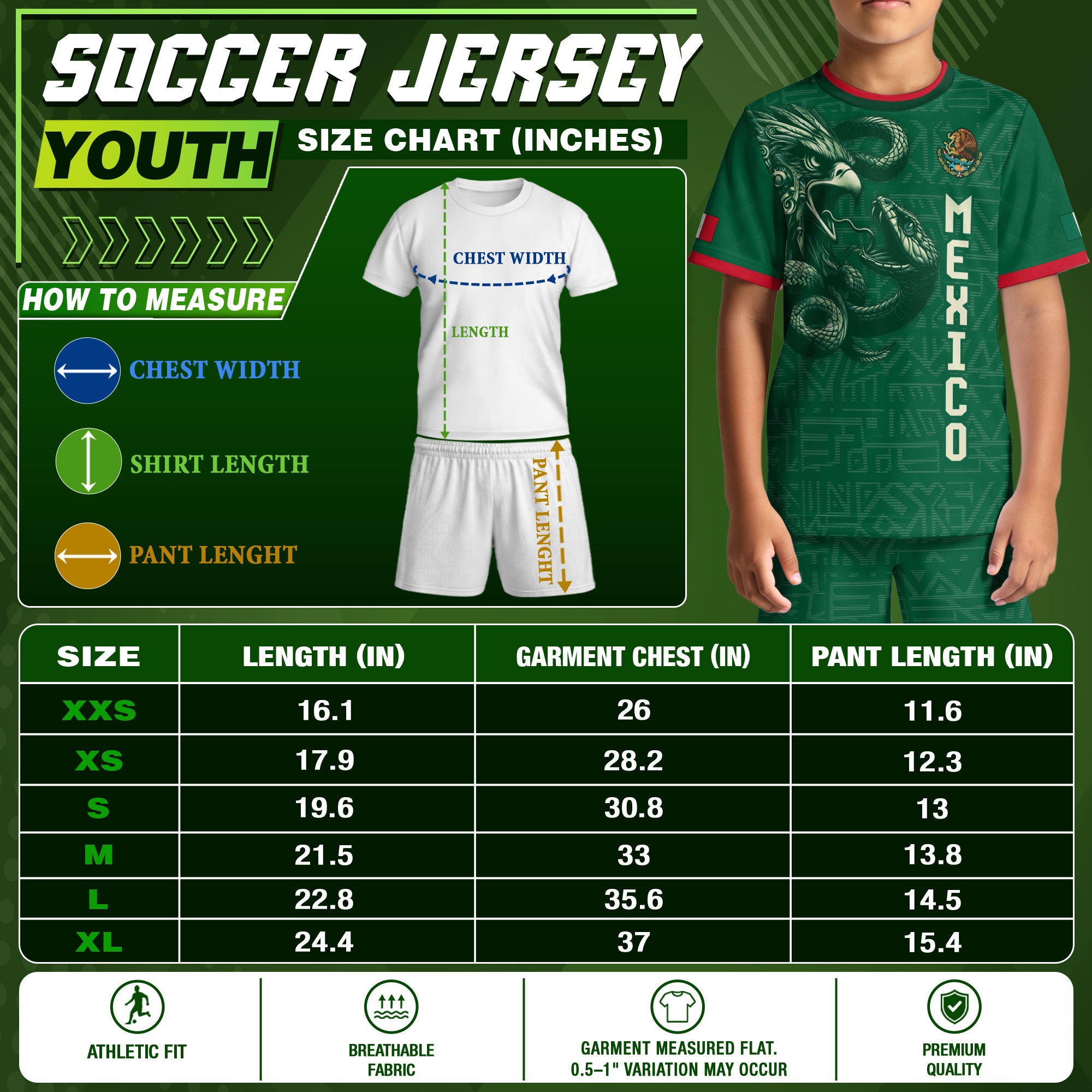 Camiseta de fútbol infantil de México con diseño de águila azteca verde y serpiente