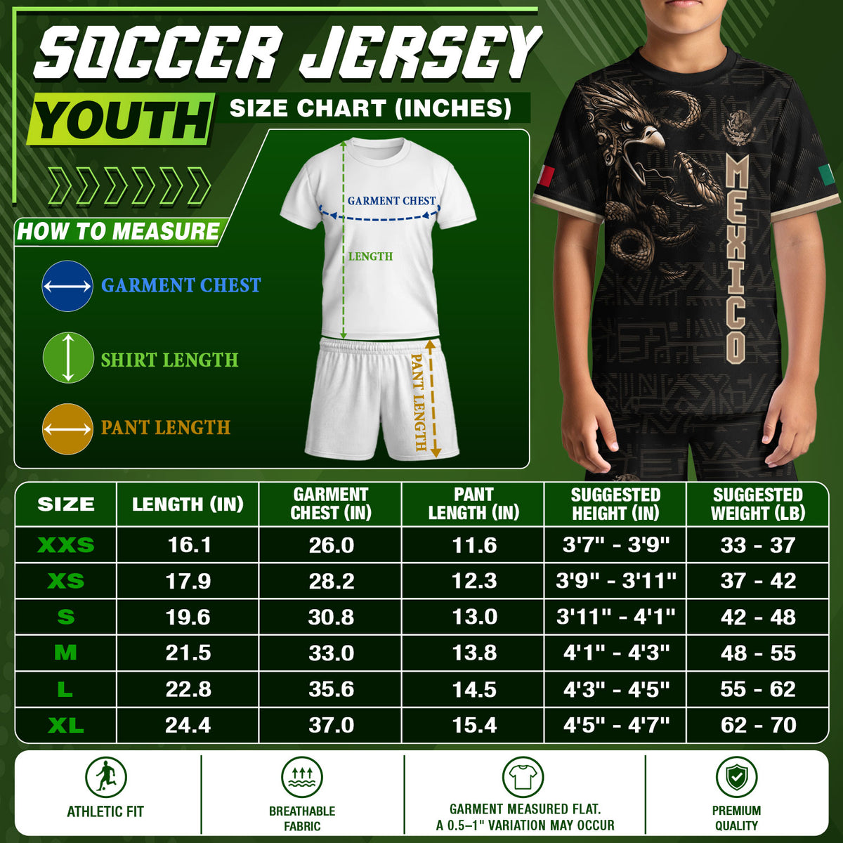 Camiseta de fútbol infantil de México, diseño de águila guerrera azteca, color negro y dorado