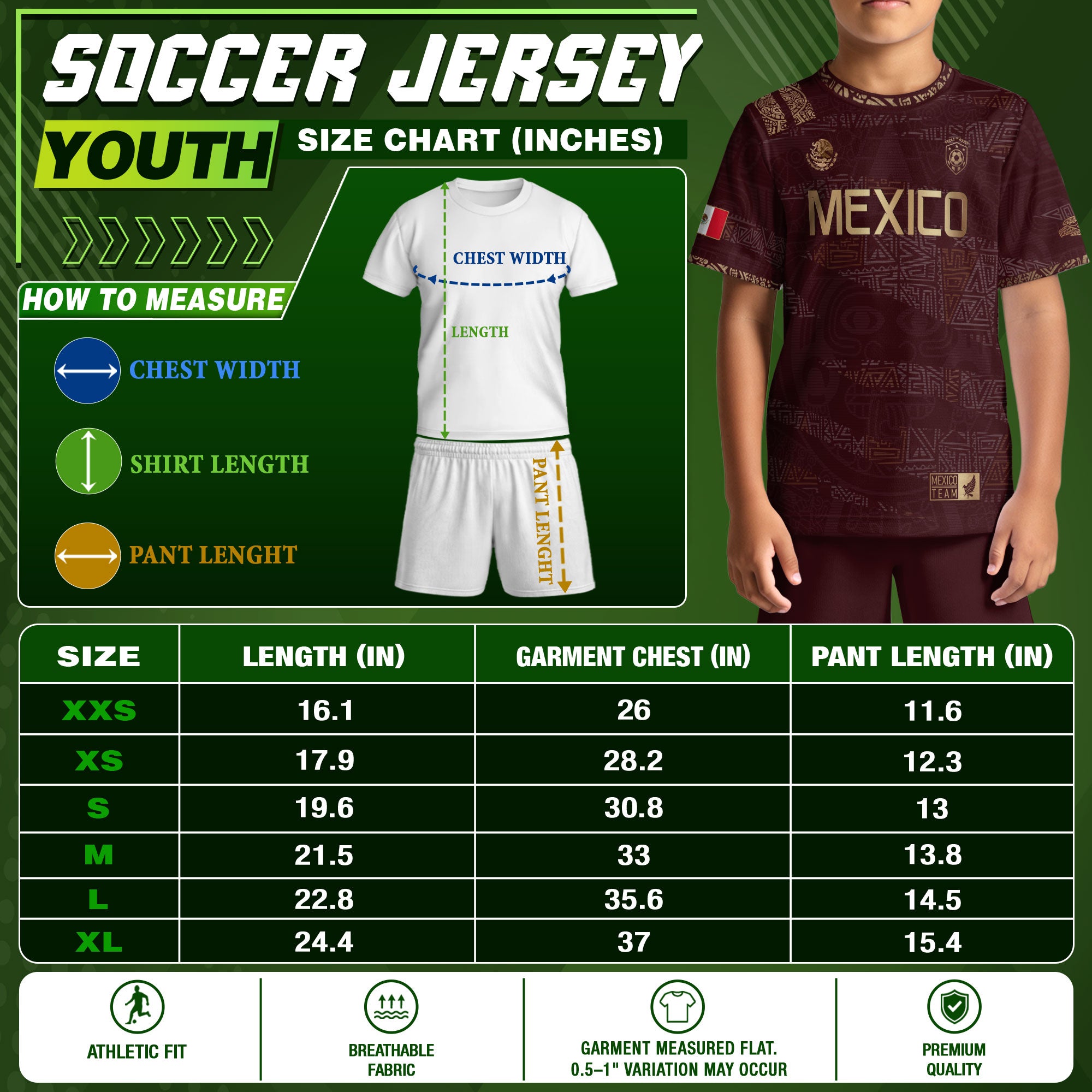 Mexico Kids Soccer Jersey Burgundy Gold Aztec Pattern Crest Design