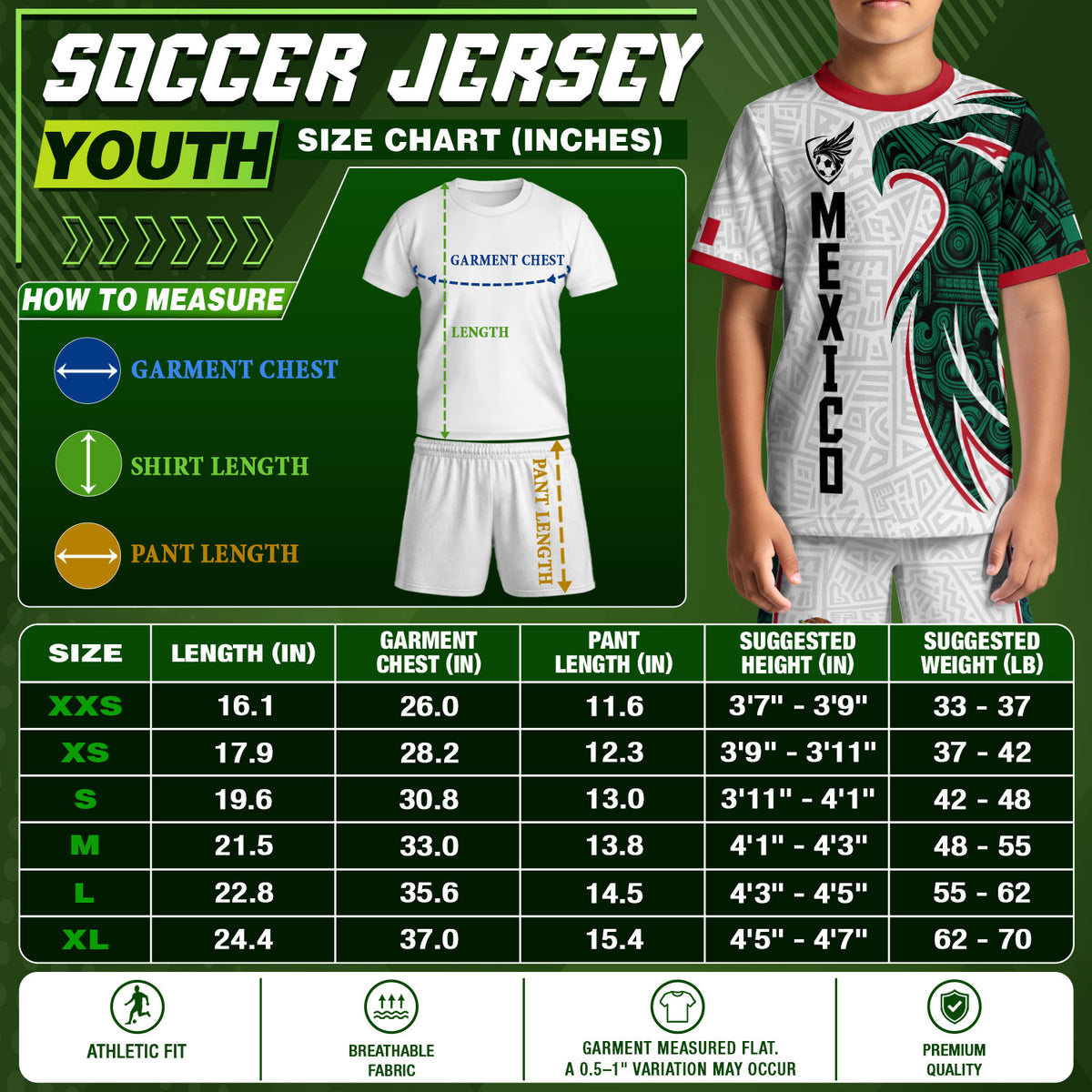 Mexico Kids Soccer Jersey White Green Aztec Eagle Design