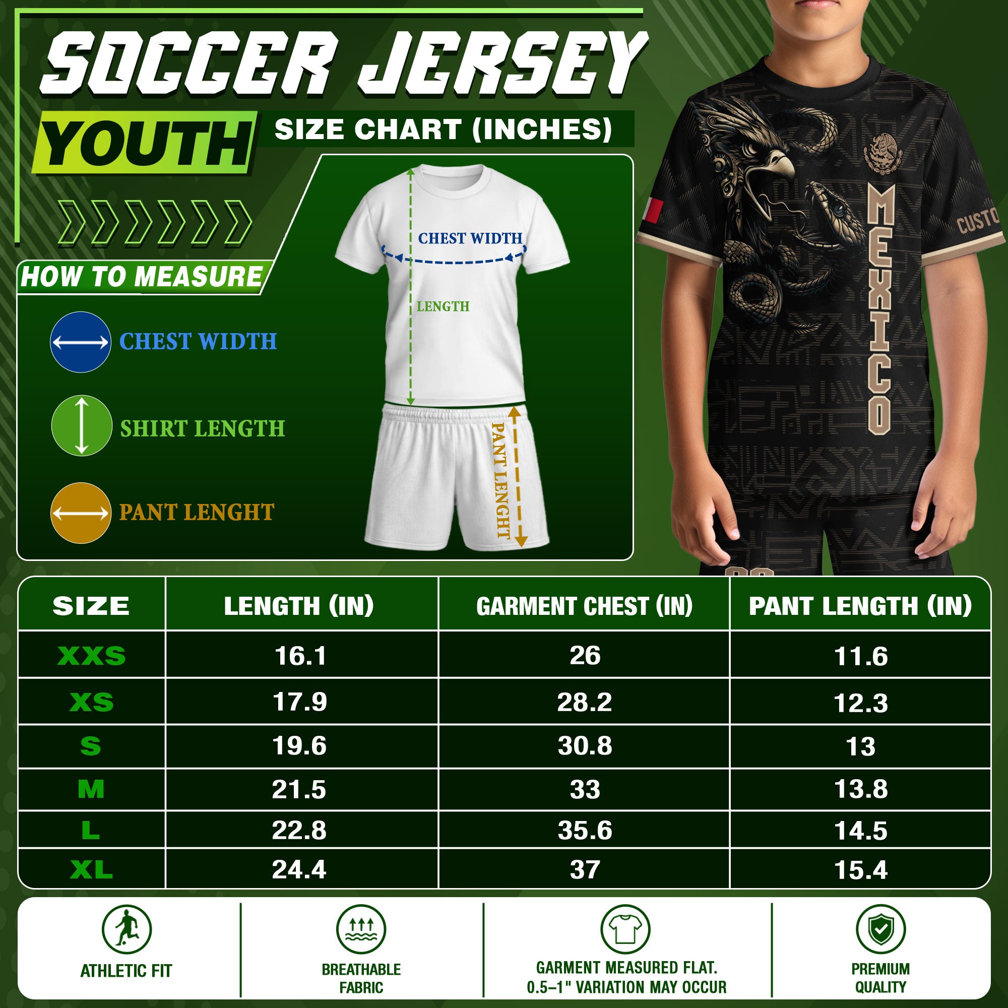 Custom Mexico Kids Soccer Jersey Black Gold Heritage Eagle Snake
