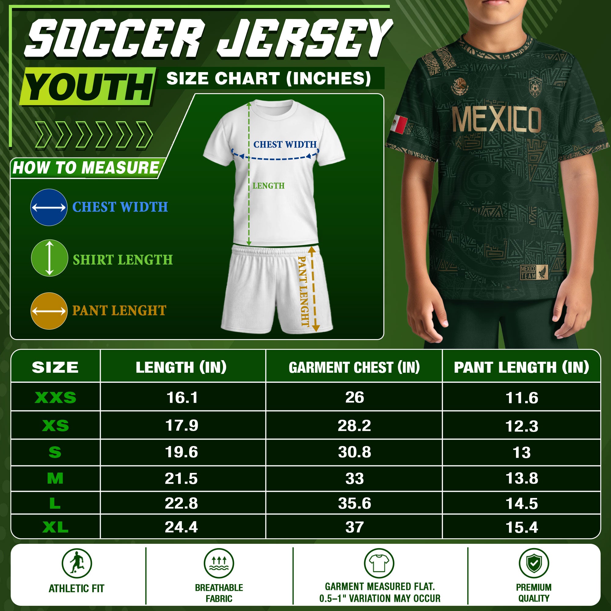 Camiseta de fútbol infantil de México con diseño de escudo con patrón azteca verde y dorado