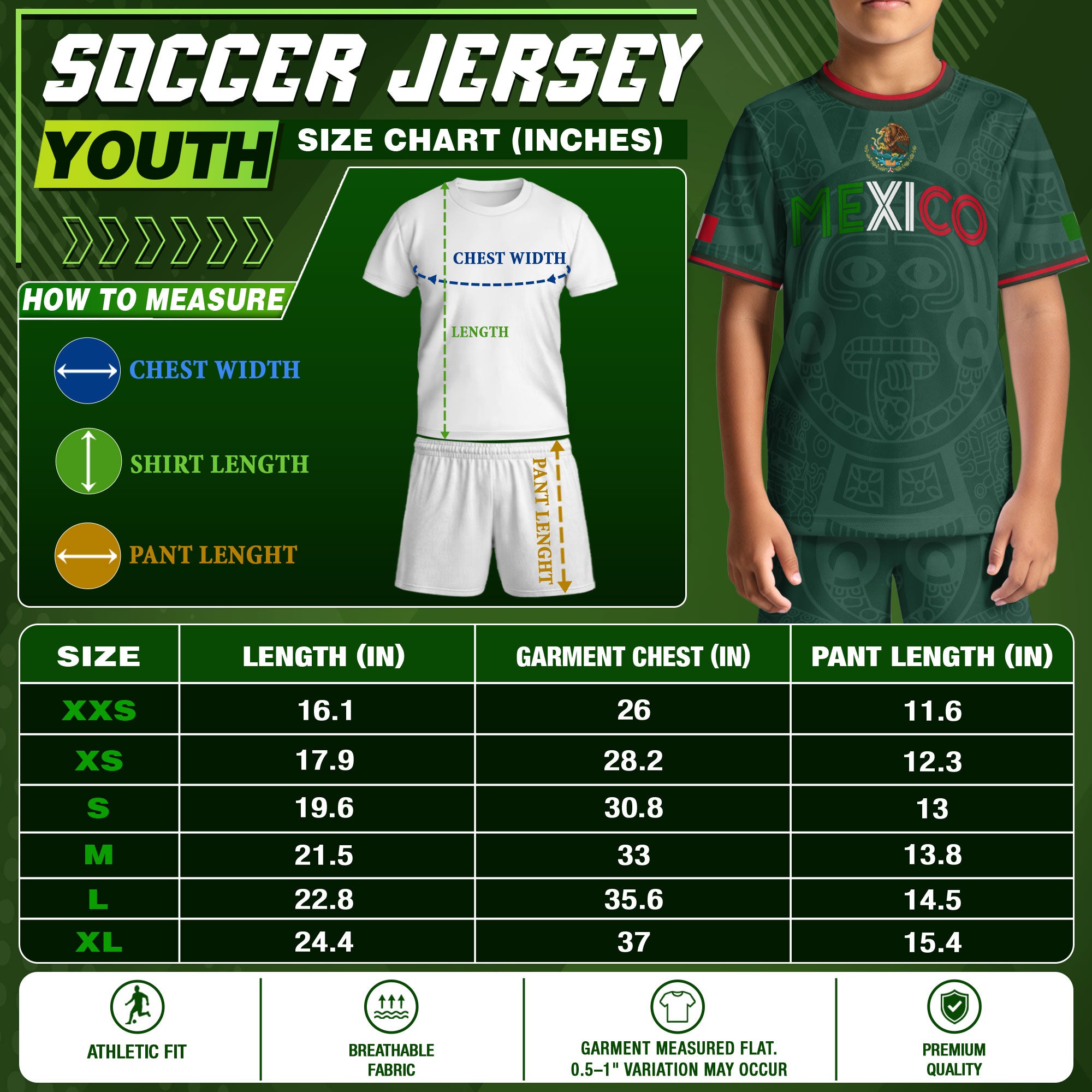 Camiseta de fútbol infantil de México con diseño de patrón azteca y colores de la bandera verde