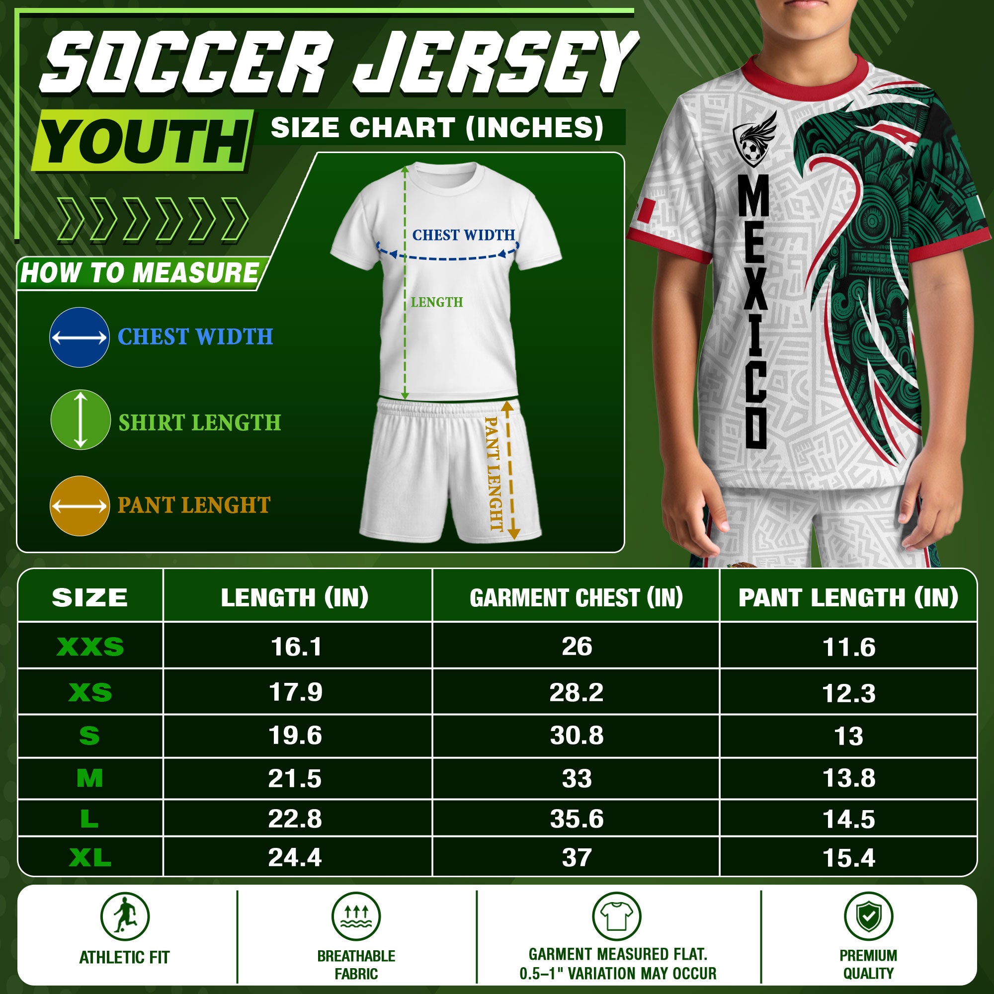 Mexico Kids Soccer Jersey White Green Aztec Eagle Design