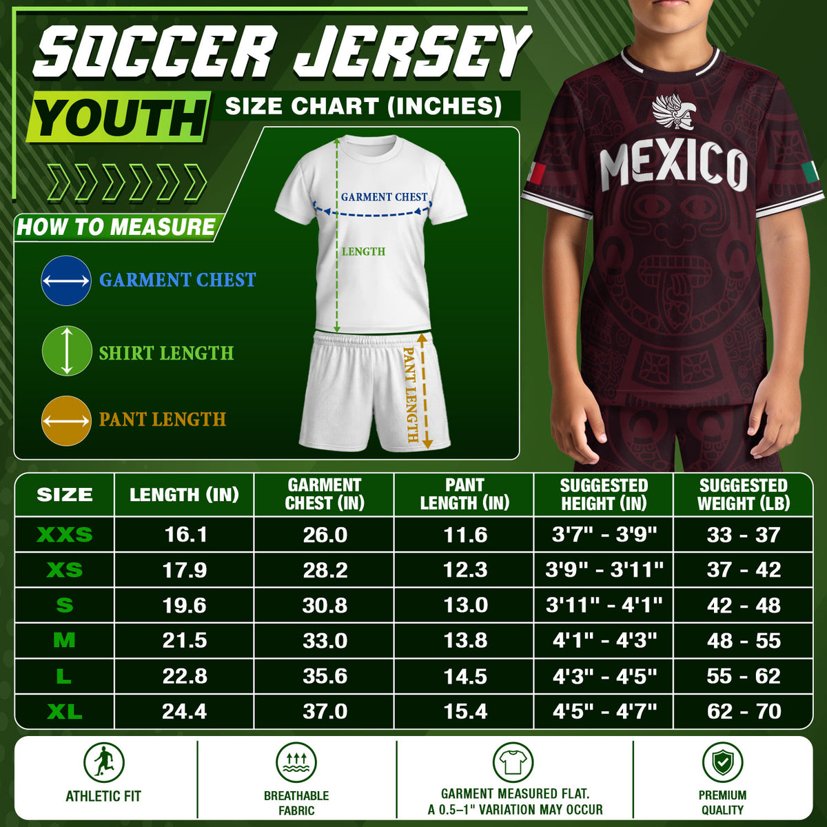 Camiseta de fútbol infantil de México con diseño de escudo con patrón azteca color burdeos