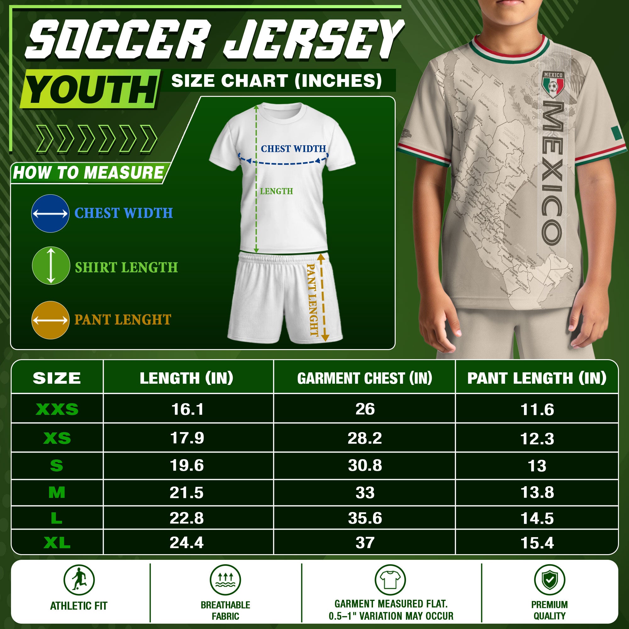 Camiseta de fútbol infantil de México con diseño azteca y mapa beige