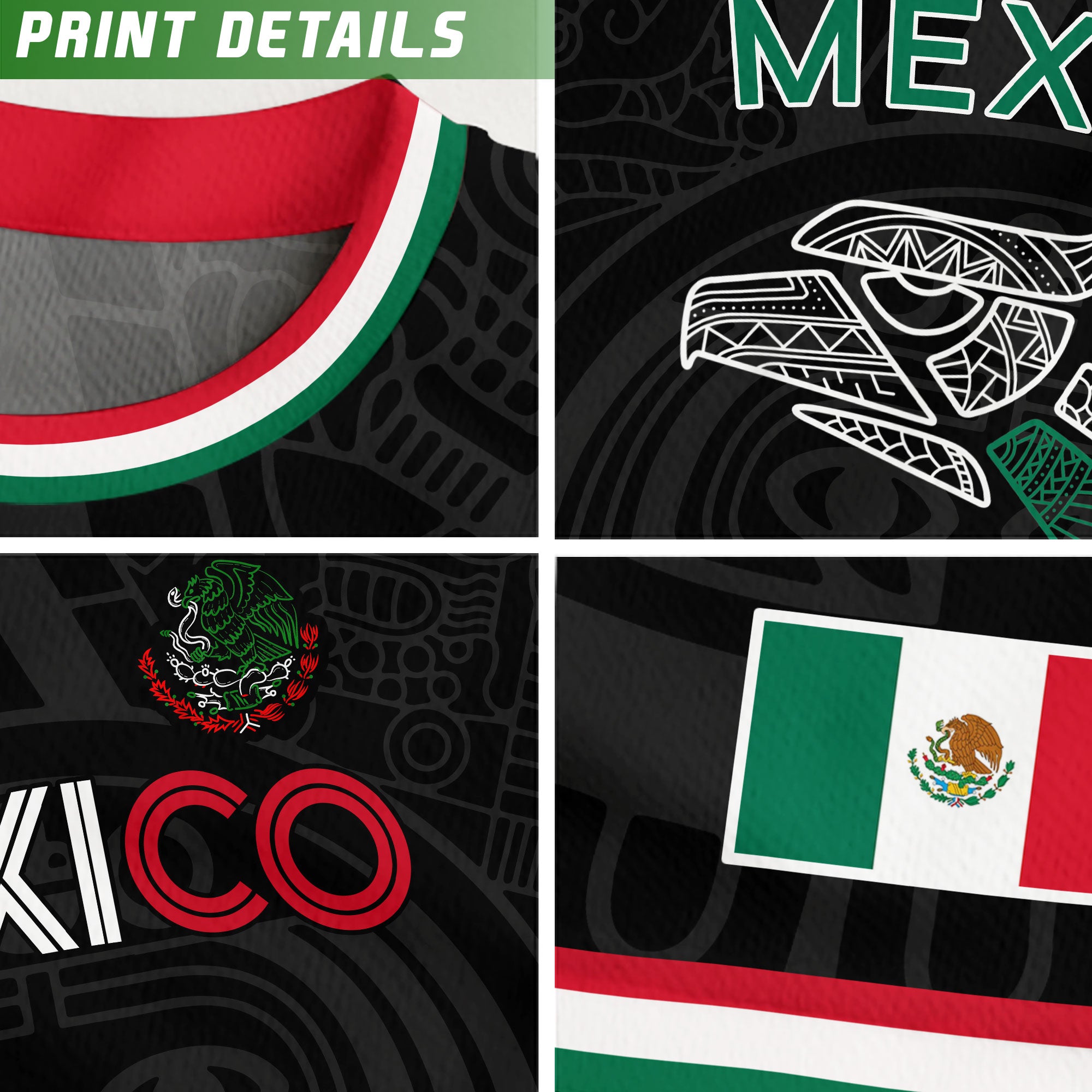 Soccer Jersey Mexico Black Aztec Pattern with Tricolor Accents