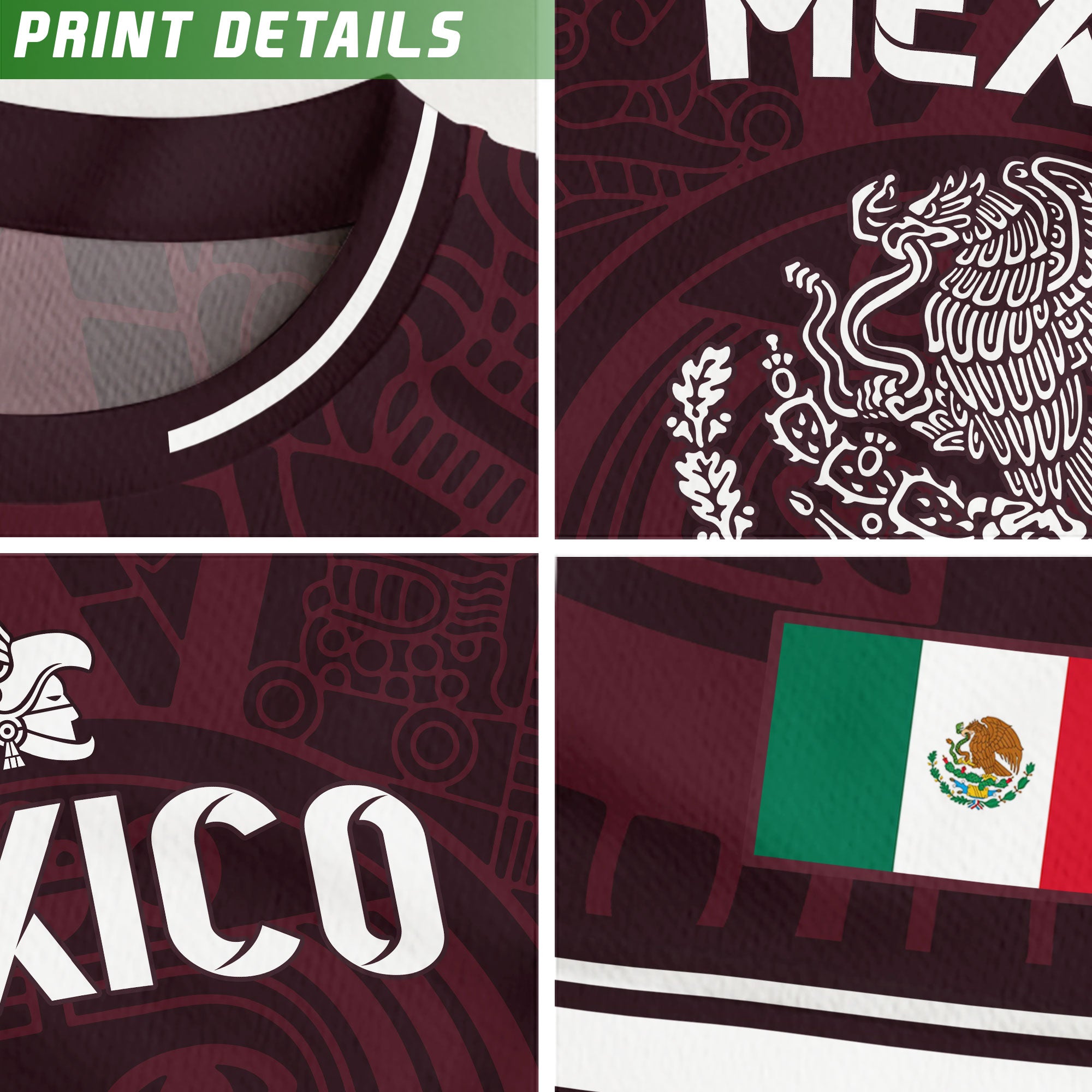 Mexico Kids Soccer Jersey Burgundy Aztec Pattern Crest Design