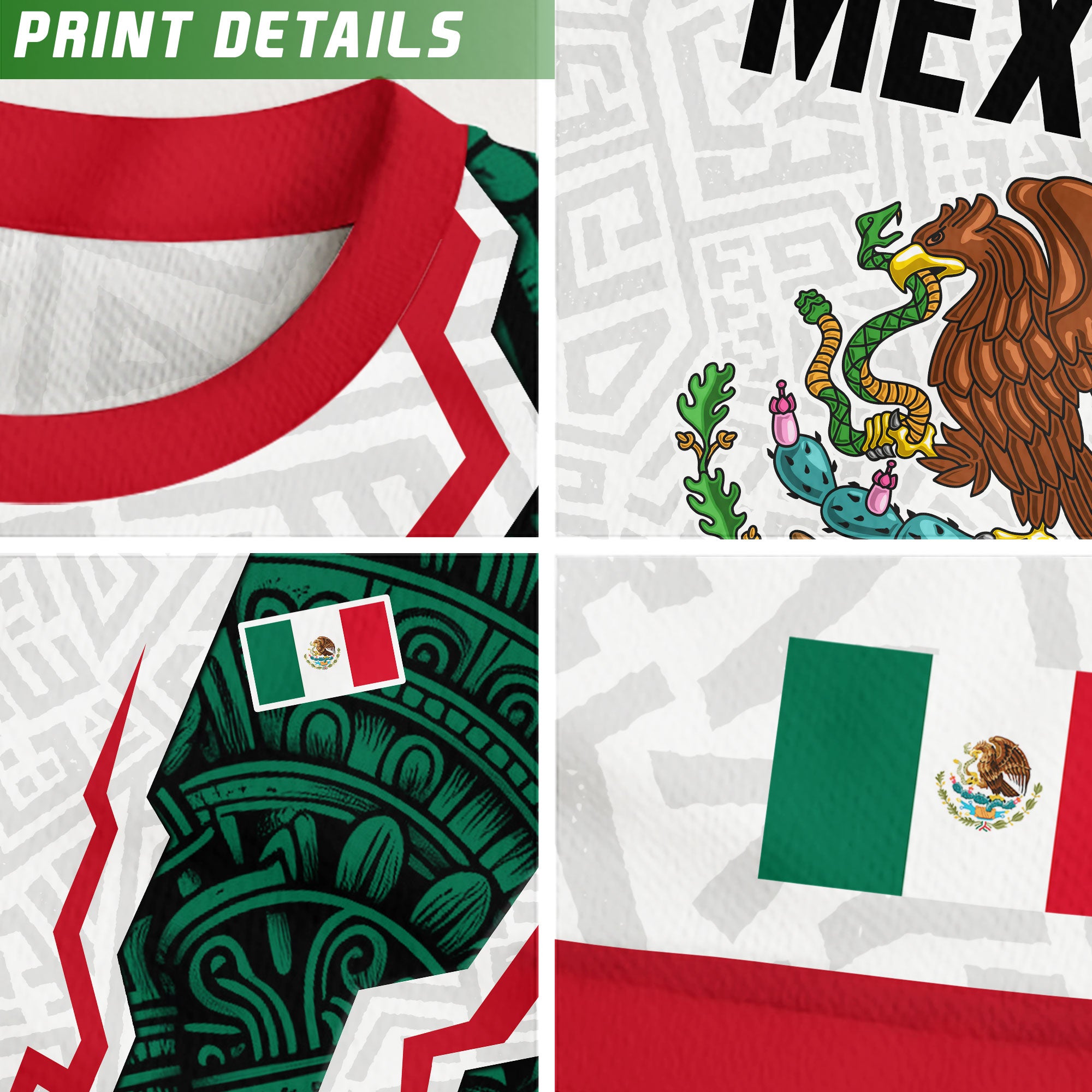 Mexico Kids Soccer Jersey White Green Aztec Pattern Flag Design