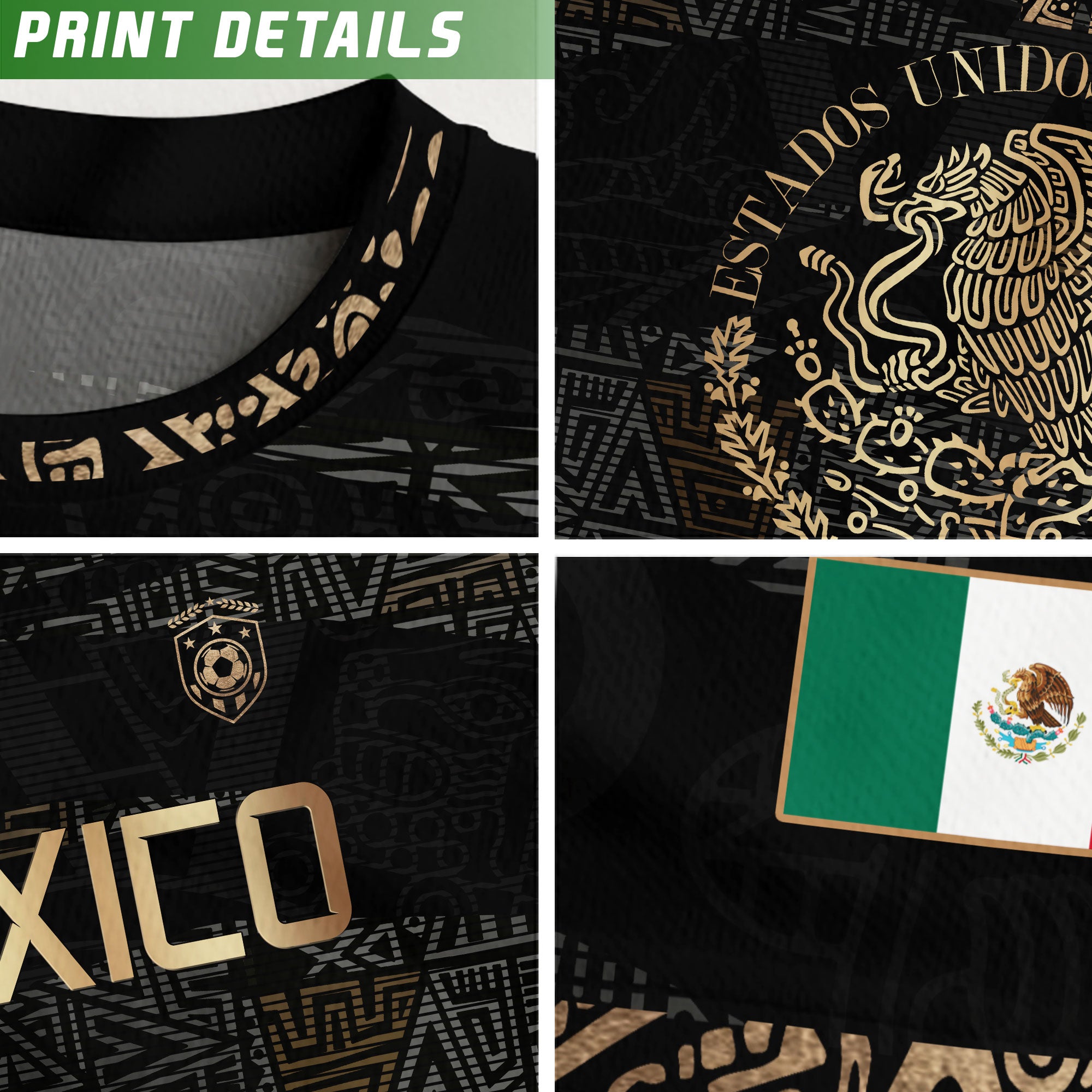 Mexico Kids Soccer Jersey Black Gold Aztec Pattern Crest Design