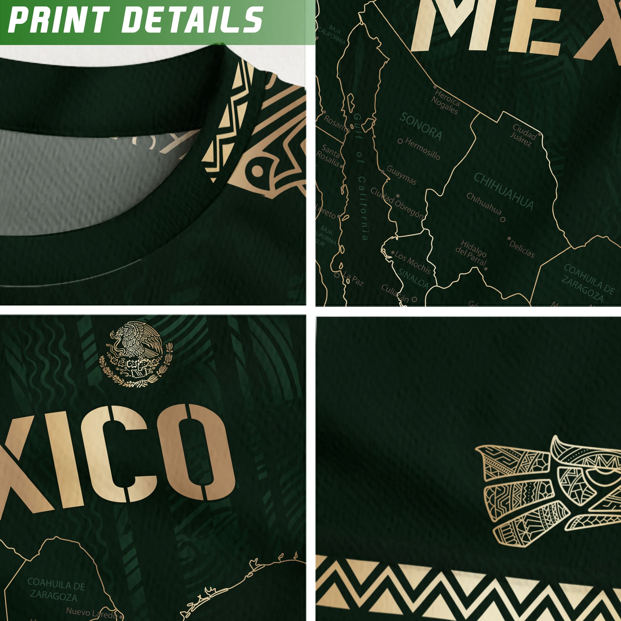 Mexico Kids Soccer Jersey Green Gold Map Aztec Design