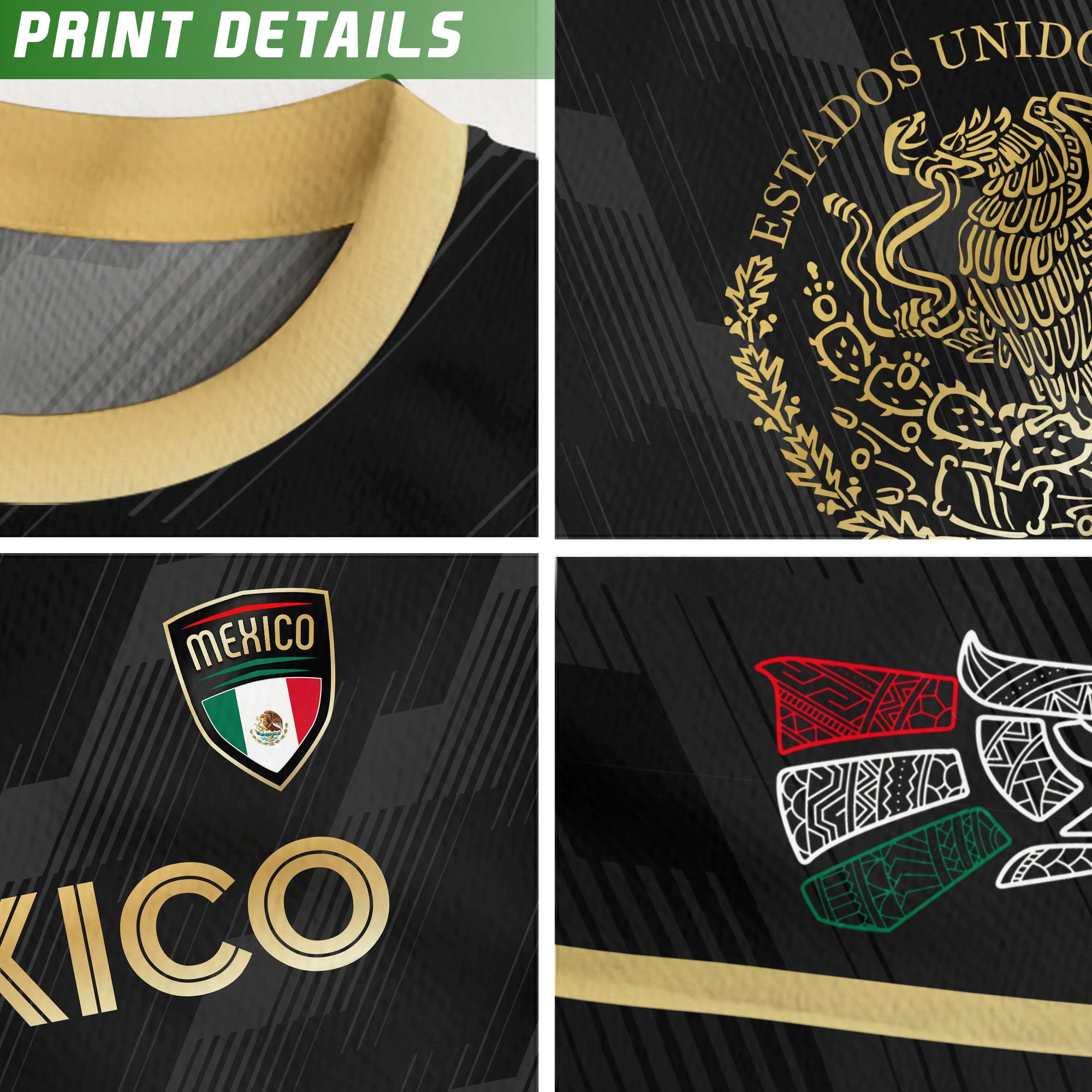 Mexico Kids Soccer Jersey Black Gold Aztec Calendar Crest Design