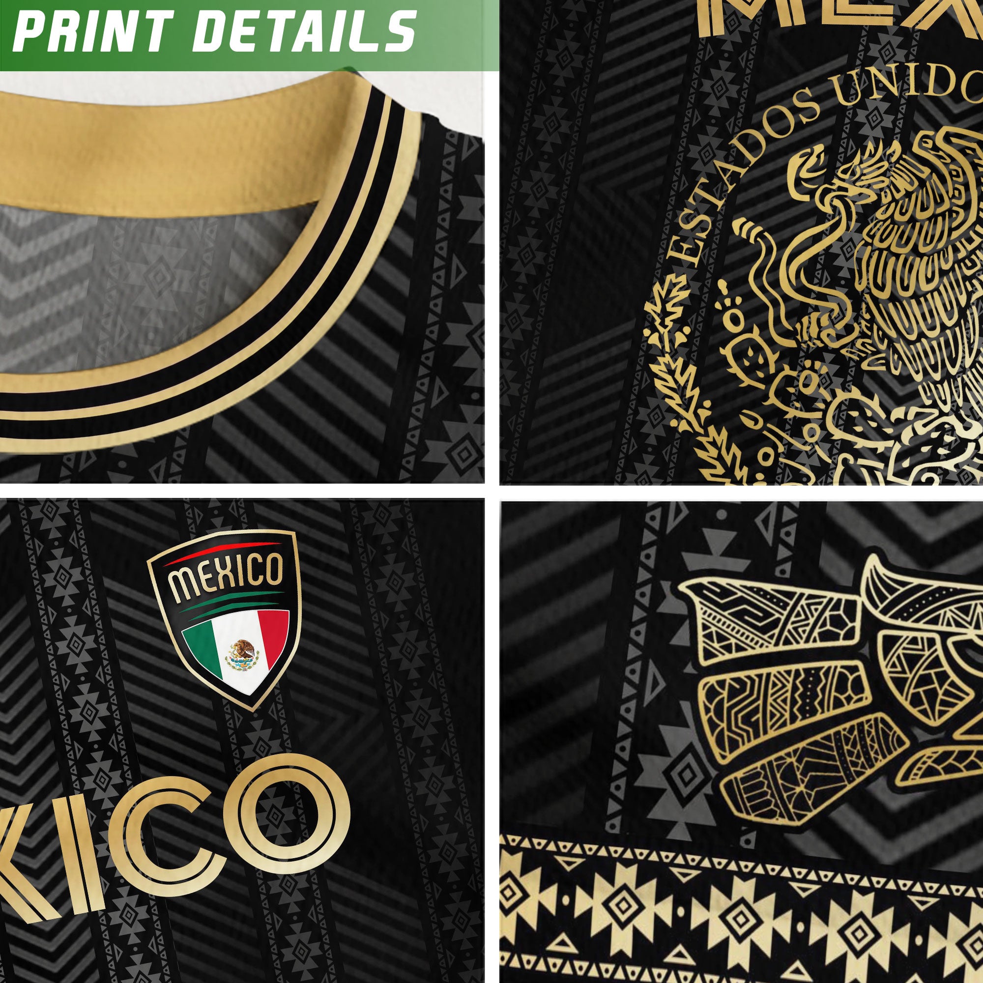 Mexico Kids Soccer Jersey Black Gold Aztec Calendar Design