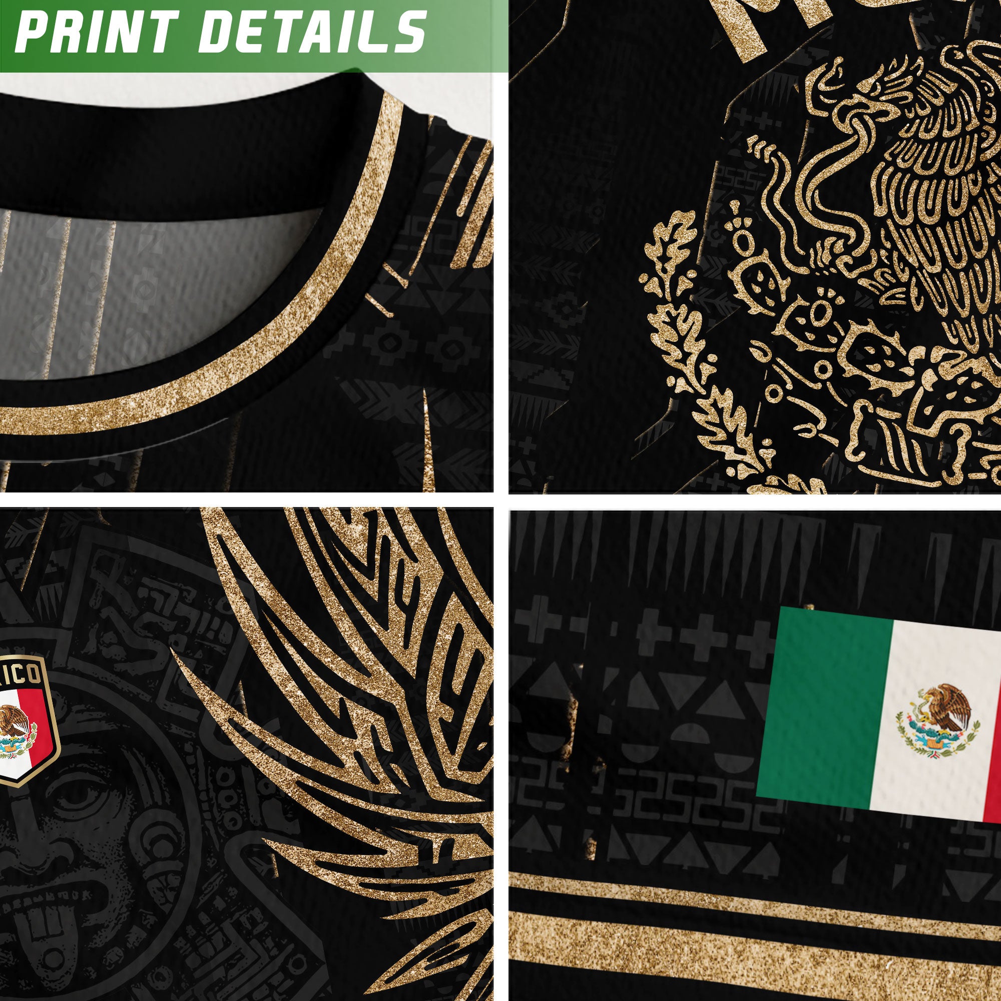 Mexico Soccer Jersey Black Aztec Warrior Gold Feather Design