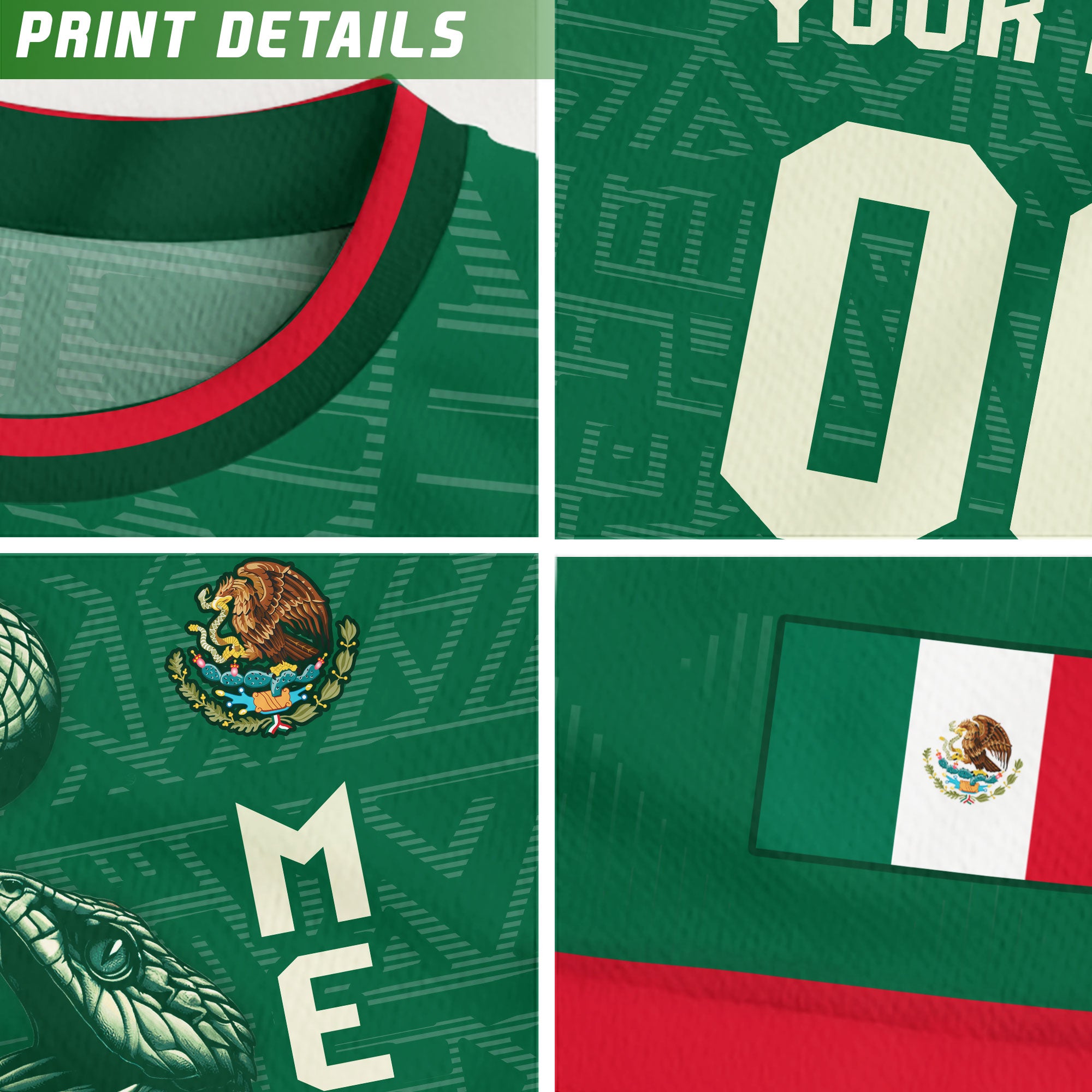 Custom Mexico Kids Soccer Jersey Green Red Aztec Eagle Serpent Design