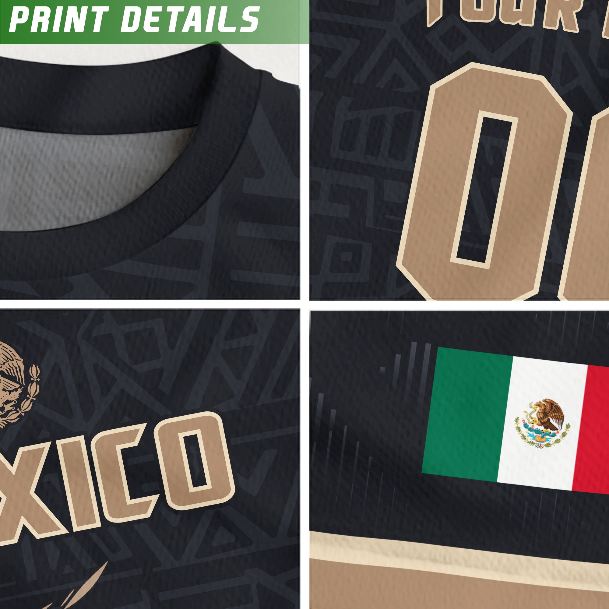 Custom Mexico Kids Soccer Jersey Black Gold Aztec Eagle Serpent Design