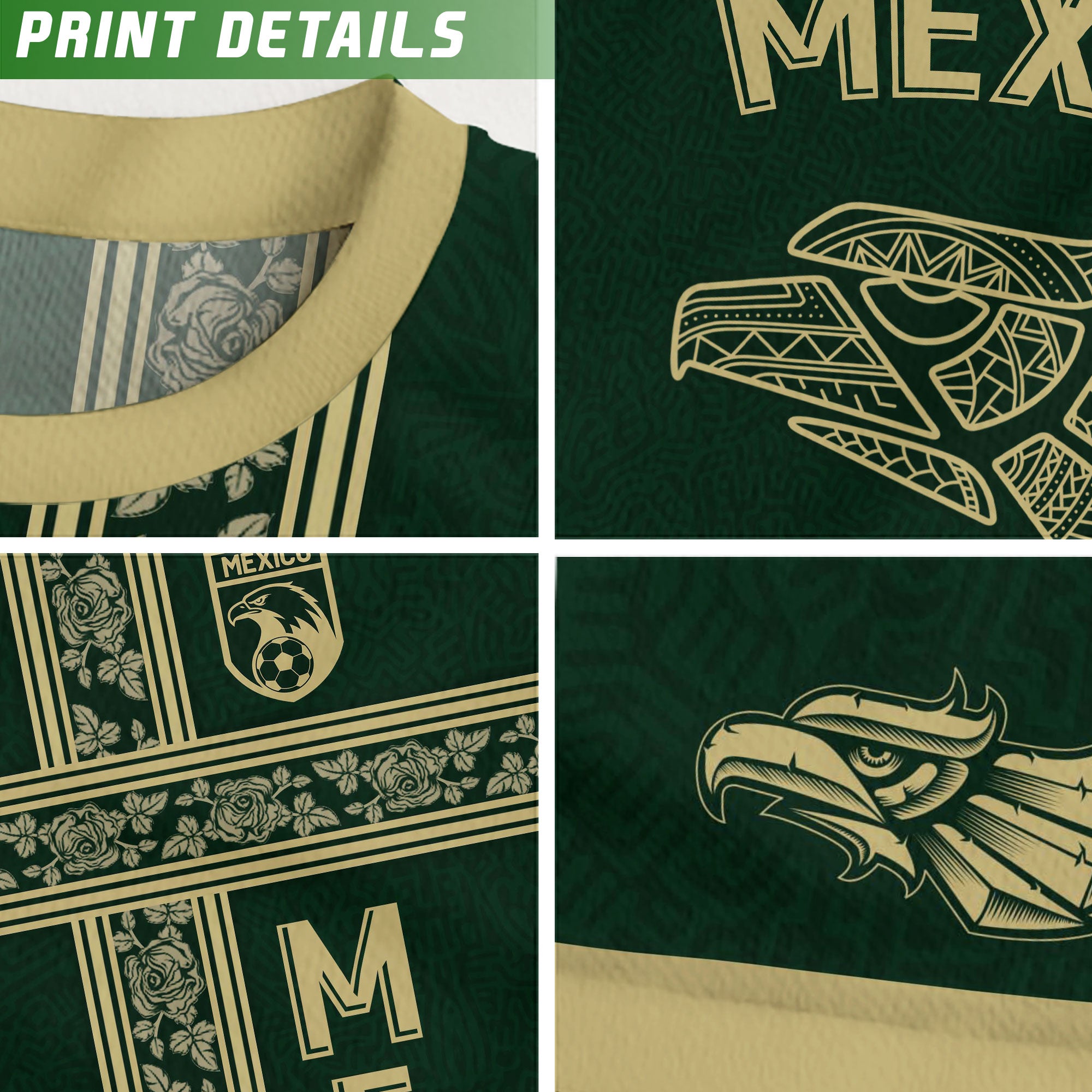 Mexico Soccer Jersey Green Gold Guadalupe Cross Design
