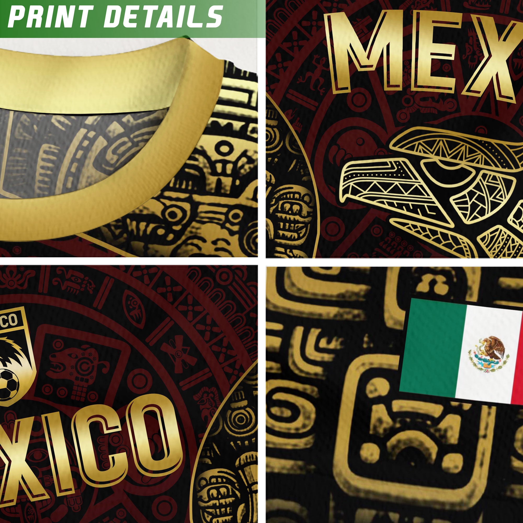Mexico Soccer Jersey Black Red Gold Aztec Calendar Design