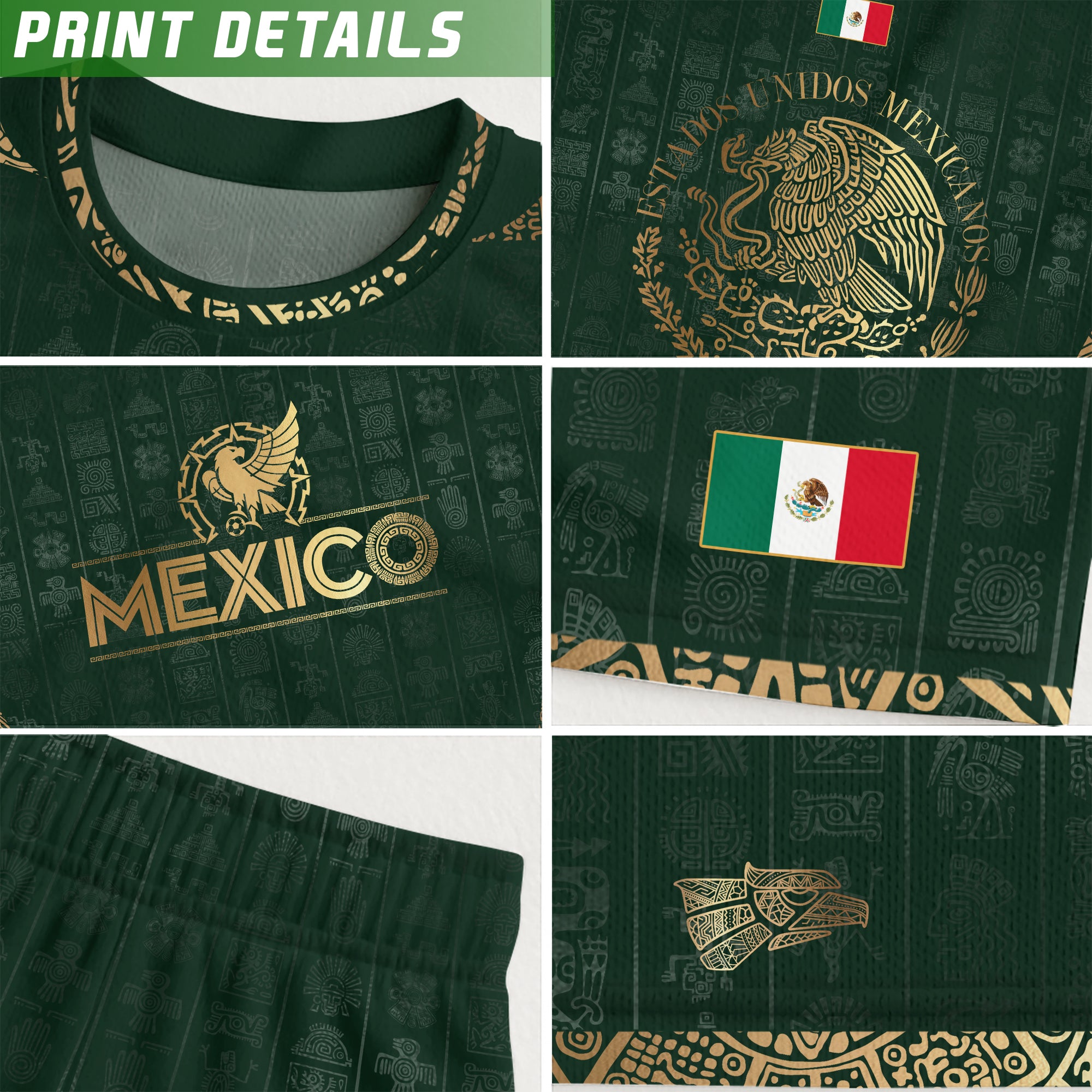 Mexico Green Aztec Pattern Eagle Emblem Heritage Soccer Jersey