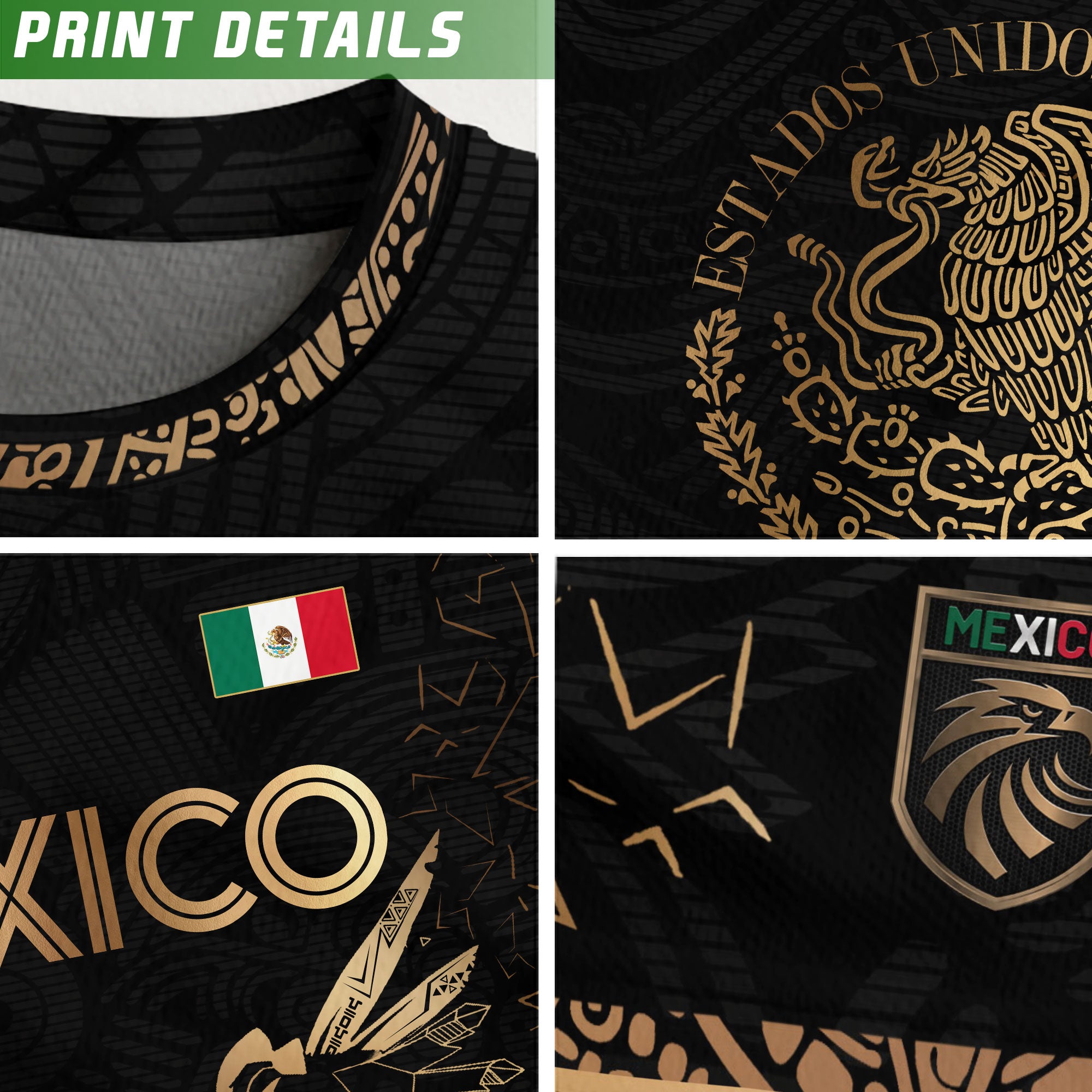 Camiseta de fútbol premium con emblema de águila azteca verde y dorado de México