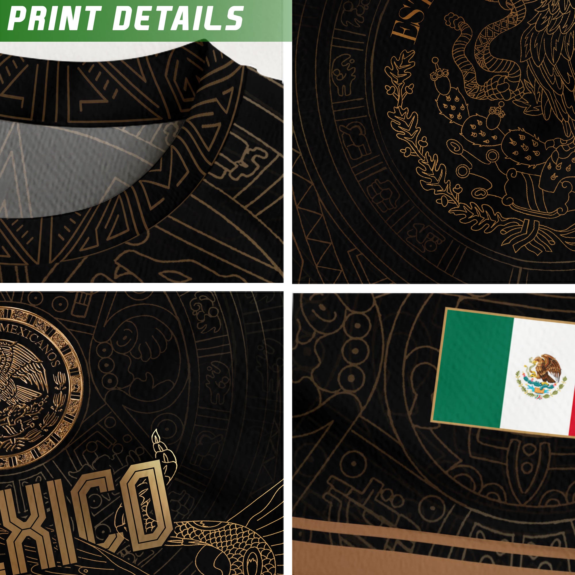 Camiseta de fútbol premium con emblema de águila azteca verde y dorado de México