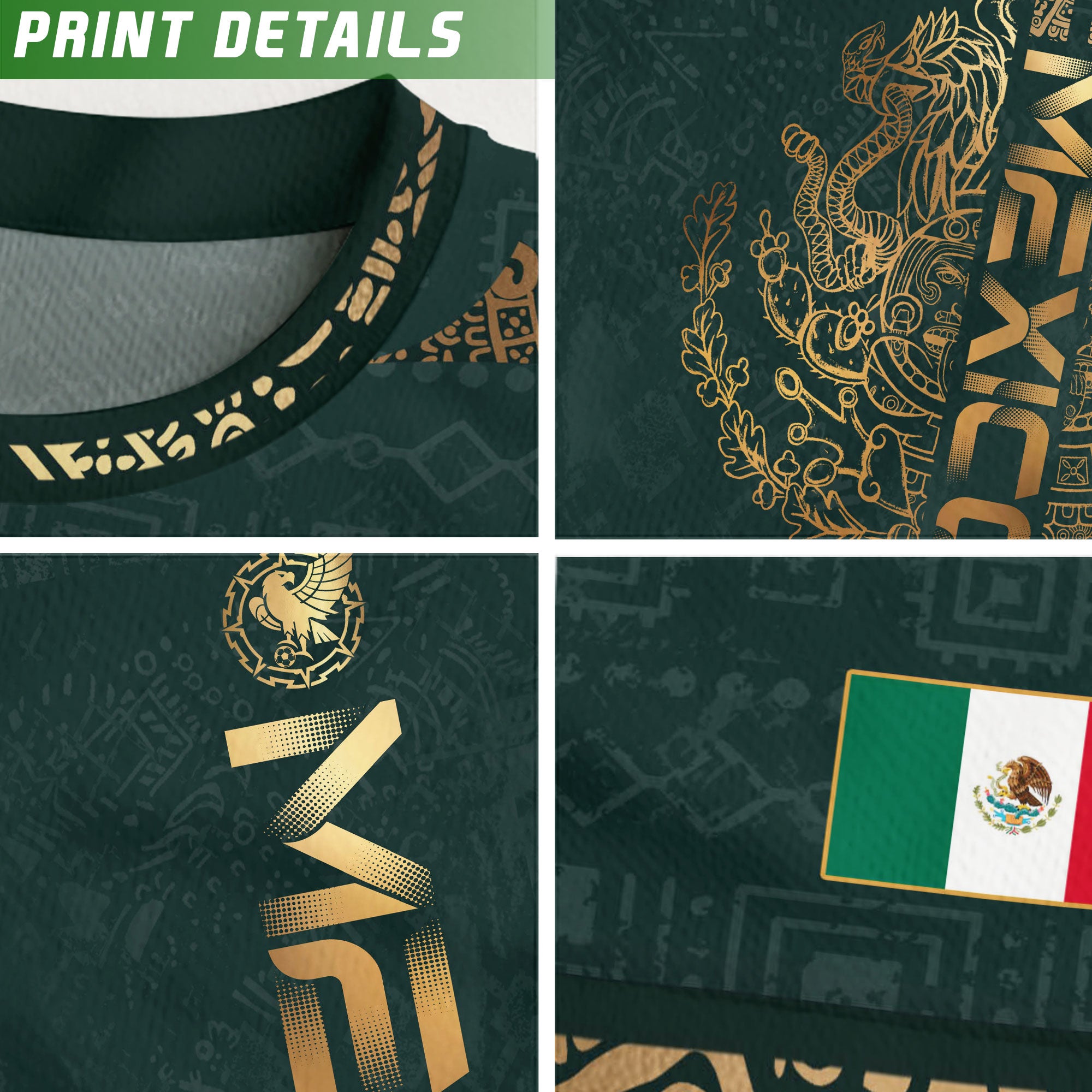 Camiseta de fútbol premium con emblema de águila azteca verde y dorado de México