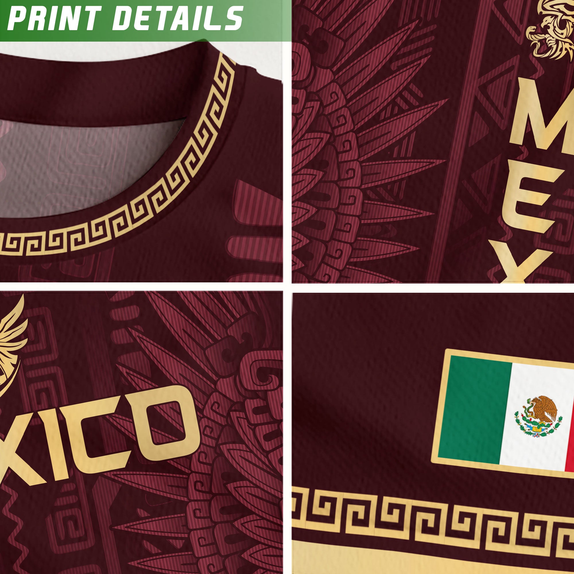 Mexico Maroon Gold Aztec Heritage National Pride Mens Football Soccer Jersey