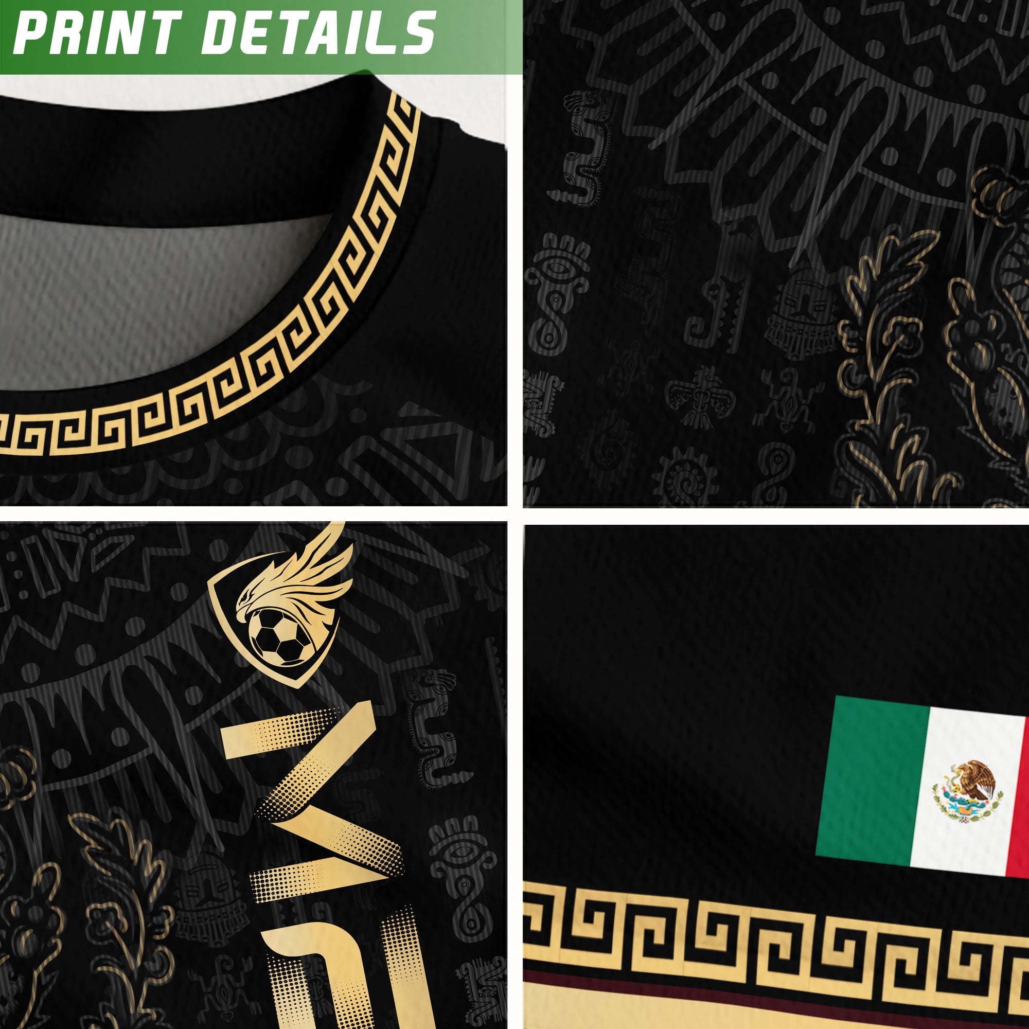 Mexico Black Gold Aztec Pyramid Heritage Mens Football Soccer Jersey