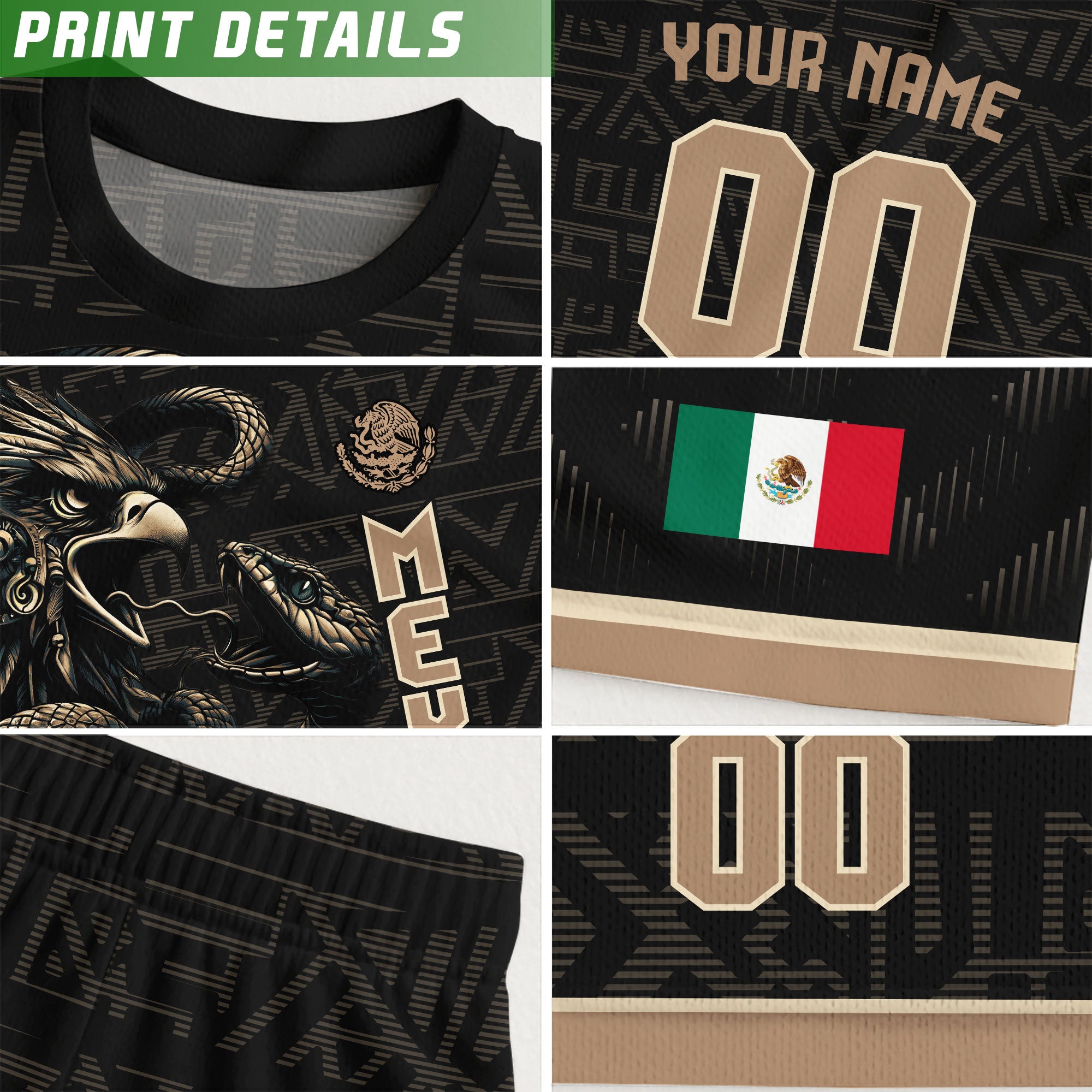 Custom Mexico Kids Soccer Jersey Black Gold Heritage Eagle Snake