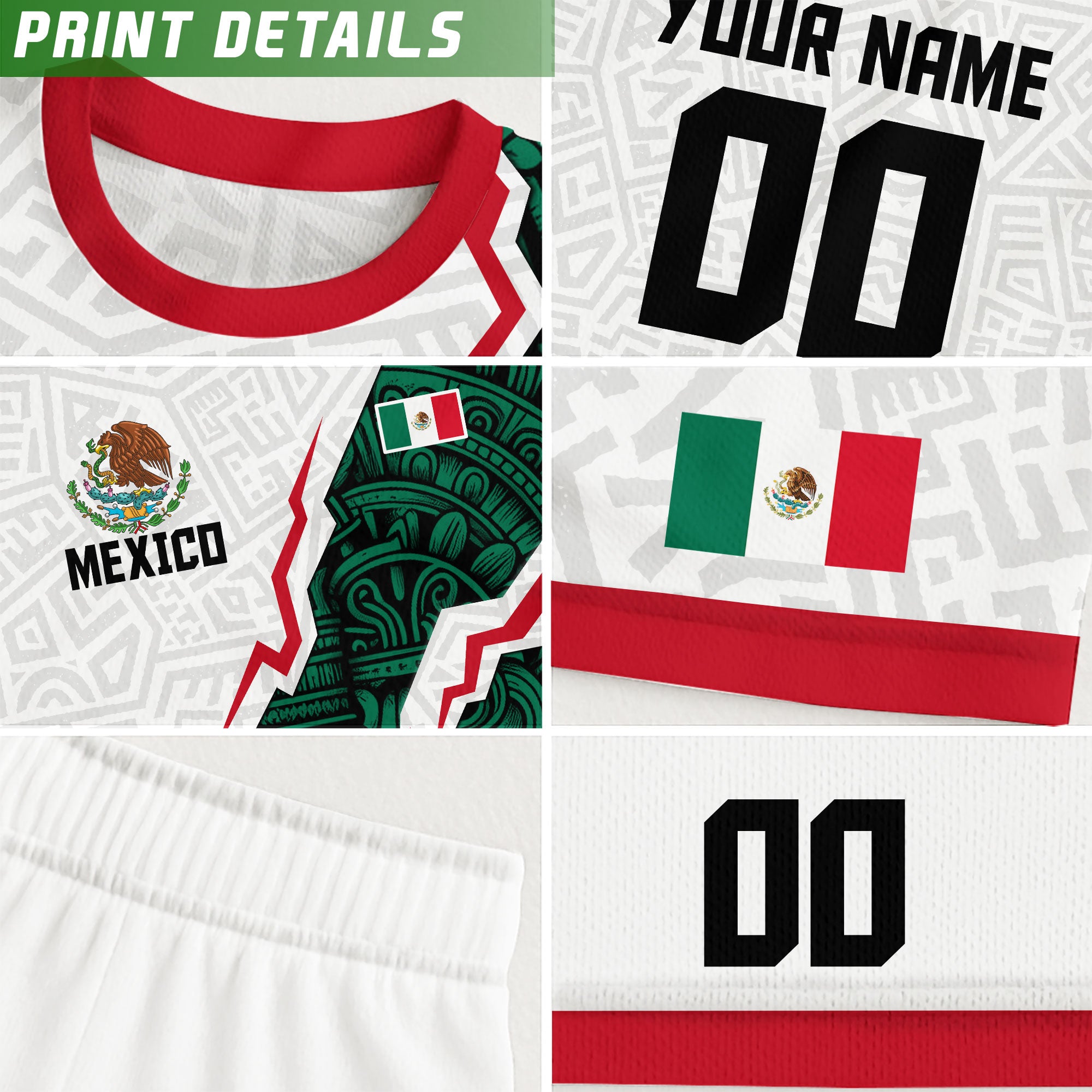Custom Mexico Kids Soccer Jersey White Green Aztec Design