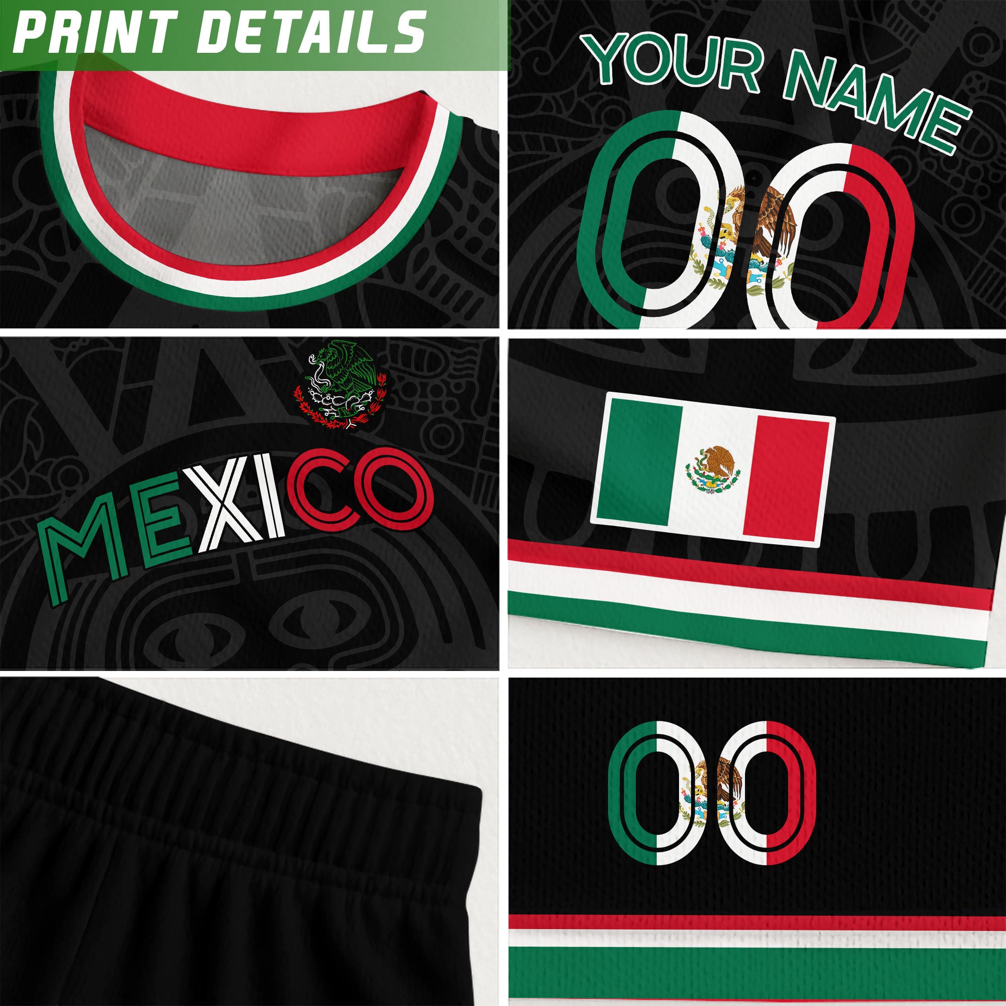 Custom Mexico Kids Soccer Jersey Black Heritage Pattern