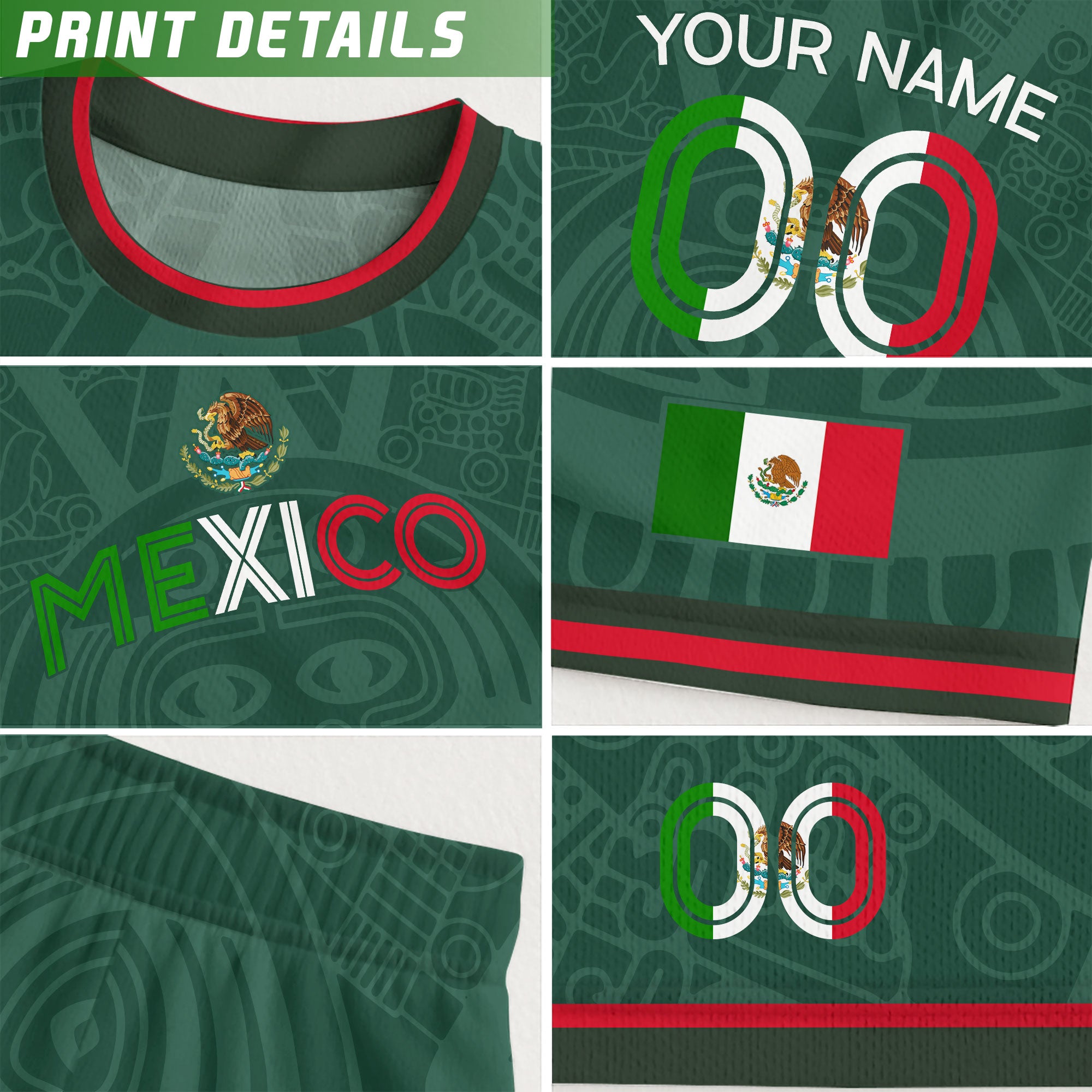 Custom Mexico Kids Soccer Jersey Green Heritage Flag Aztec Pattern Design