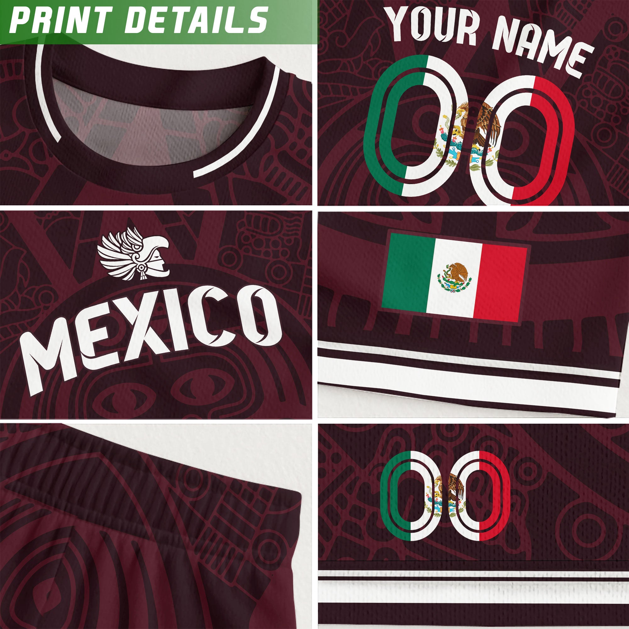 Custom Mexico Kids Soccer Jersey Burgundy Heritage Flag Aztec Pattern Design