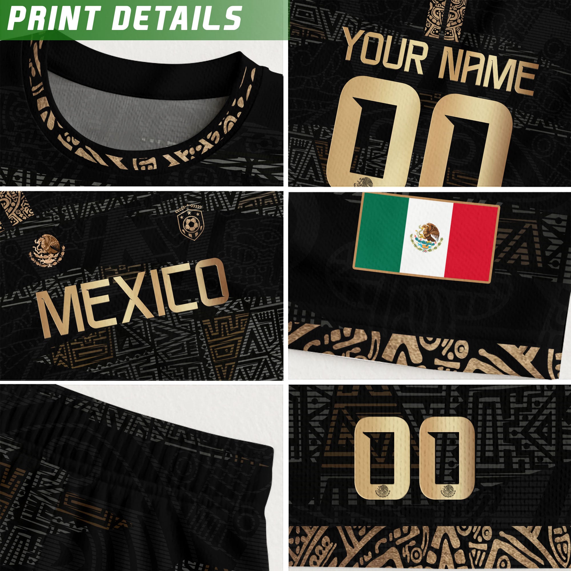 Custom Mexico Kids Soccer Jersey Black Gold Team Edition with Aztec Pattern